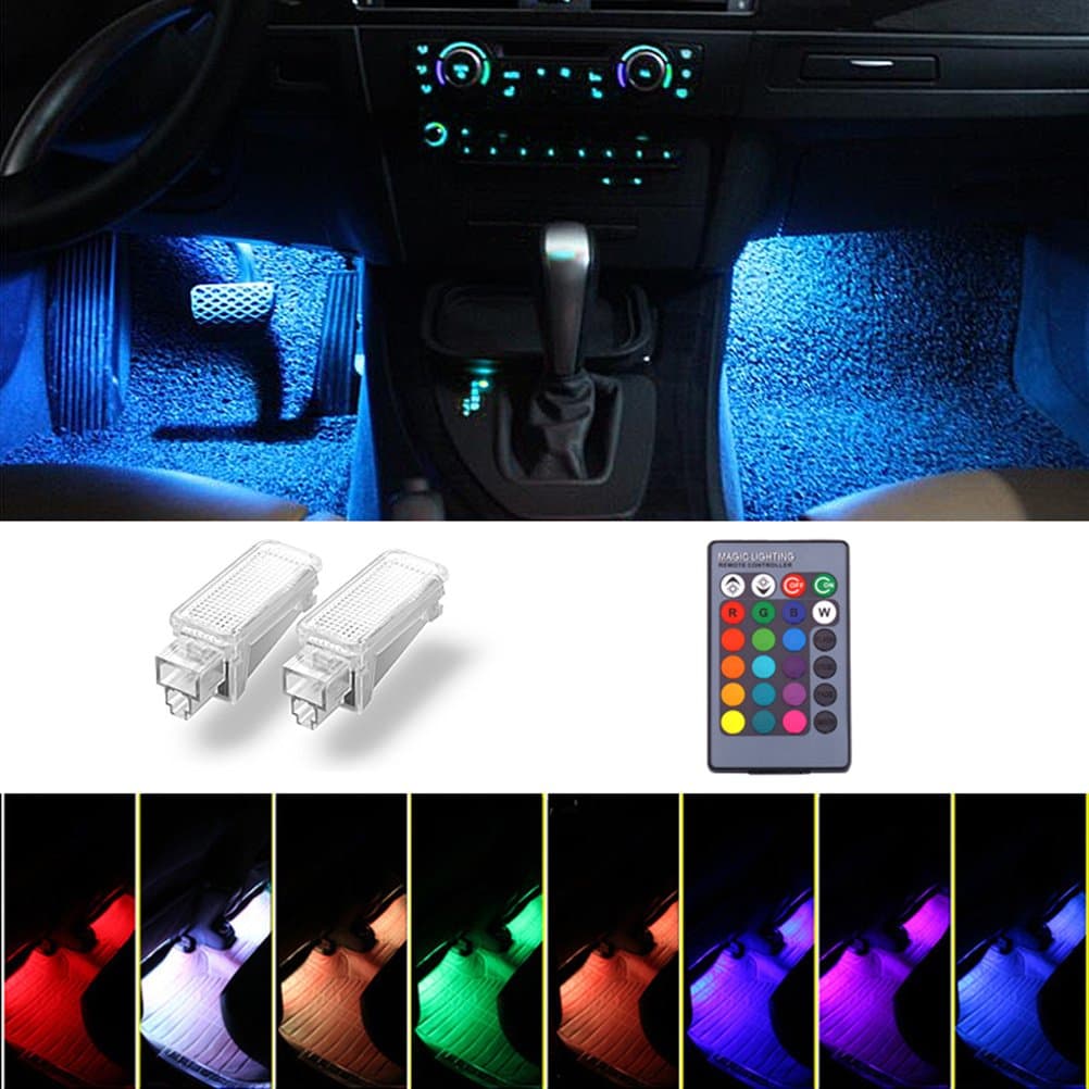 IRONSKY 2x Error Free LED Door Courtesy Projector Puddle Light For Audi A3/A4/A6/VW/Skoda Remote Control LED Car Interior Atmosphere Foot Nest Lights Shadow Light Lamp 15 colors change Double Socket