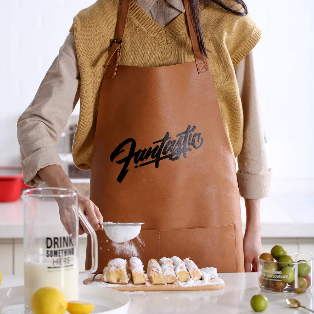 KEYAMA 2 Pockets Adjustable Leather Material Waterproof and Oil Resistant Cooking Kitchen Aprons Kitchen for Women and Men Garden Barbecue Essential Aprons (Pattern:Fantastic, Brownish Yellow)