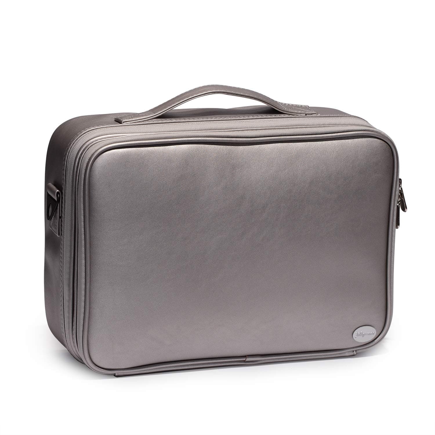 Joligrace PU Leather Professional Makeup Bag Removable Back Strap Cosmetic Case Beauty Box Hairdressing Tools Organiser Storage Box (Large Size: 38x27.5x12.5cm, Silver)