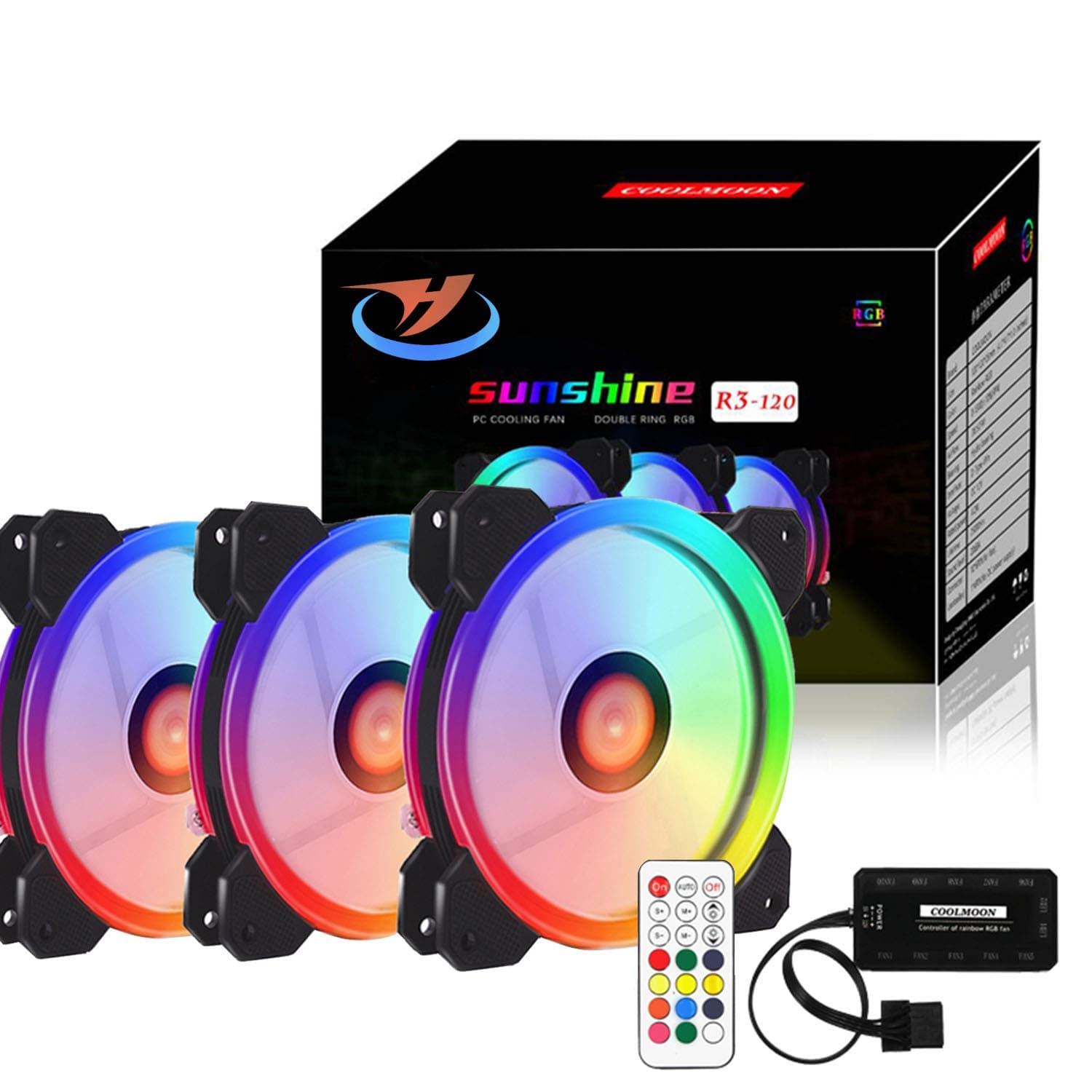 3-Pack Wireless RGB LED 120mm Case Fan with Remote Controller Fan Hub and Extension, Quiet Edition High Airflow Adjustable Colorful PC Case CPU Computer Cooling with Coolers, Radiators System