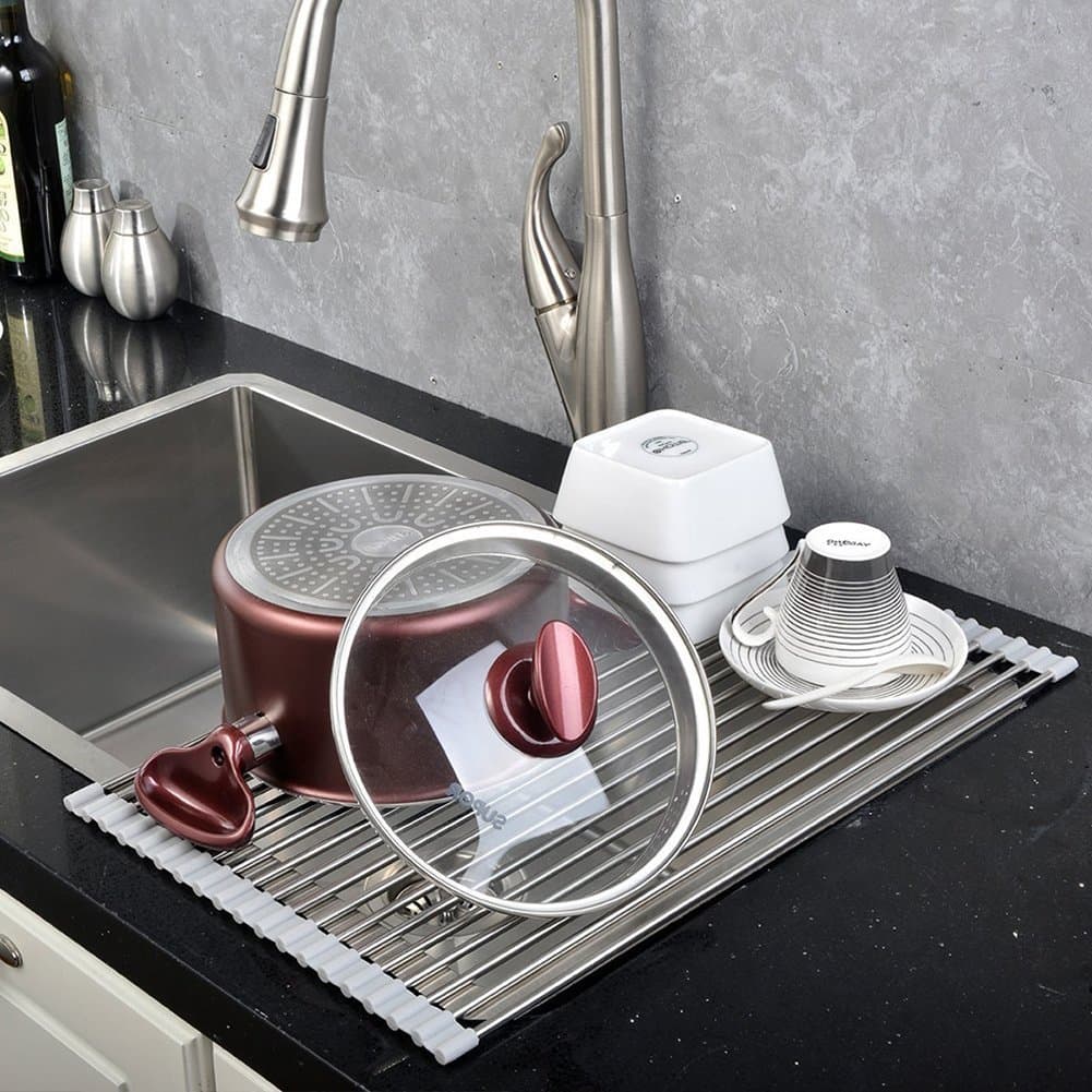 YKL Over the Sink Multi-purpose Roll-Up Dish Drying Rack, Stainless Steel and Silicon Foldable Kitchen Sink Rack, Silver&White