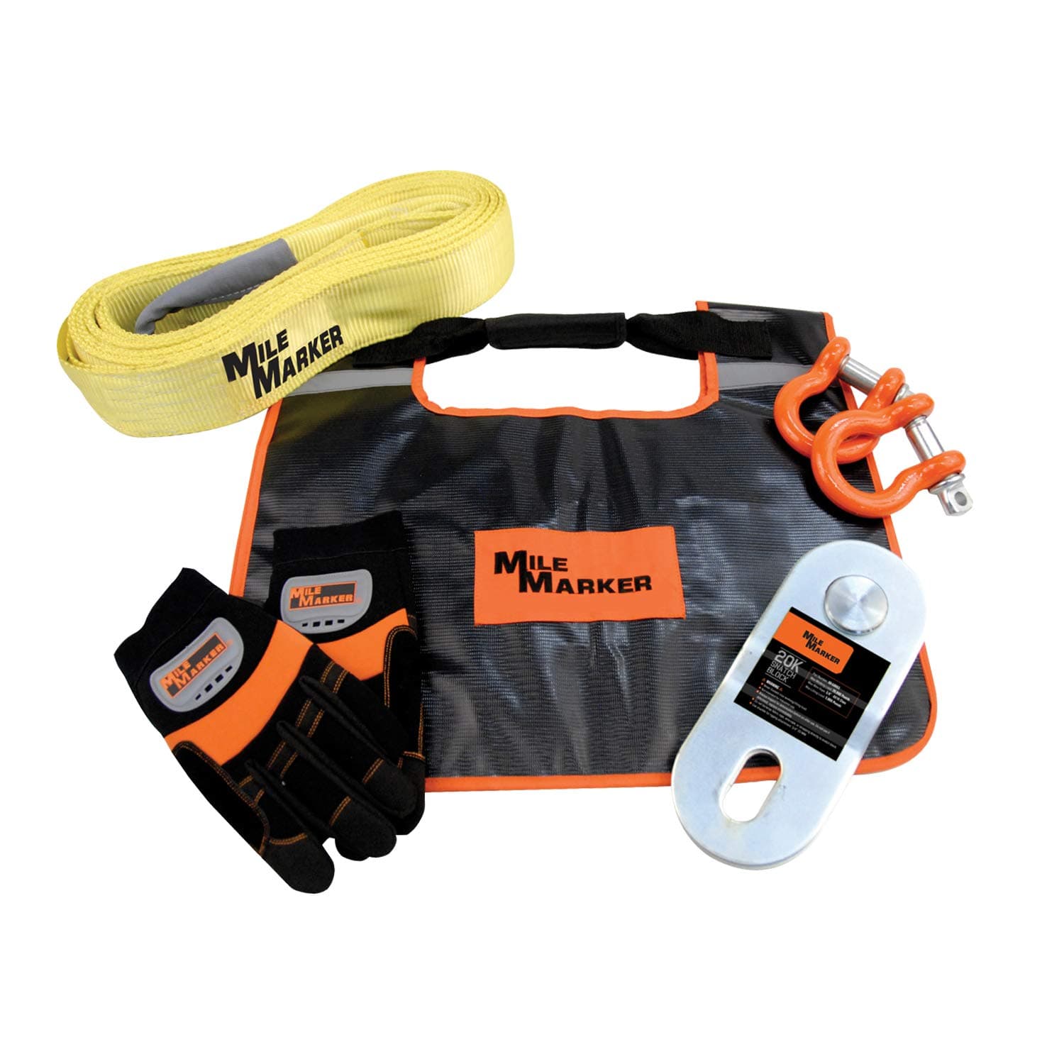 Mile Marker 19-00100 Off Road Recovery Kit - Includes Winch Dampener Bag, 15' Recovery Strap, 1 Pair of Large Gloves, 30K Snatch Block with Grease Fitting & 2 3/4" Powder Coated Shackles