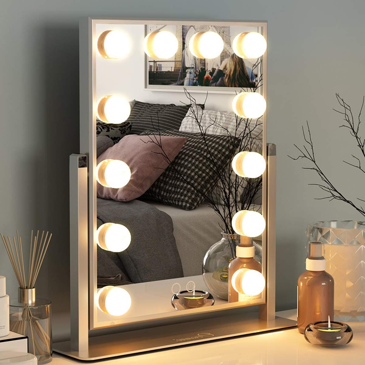 Ovonni Vanity Makeup Lighted Mirror with 12 Detachable LED Bulbs and 2 Replacement Bulbs 2 Colors Touch Control Dimmable Brightness 360° Rotating for Bedroom Dressing Table