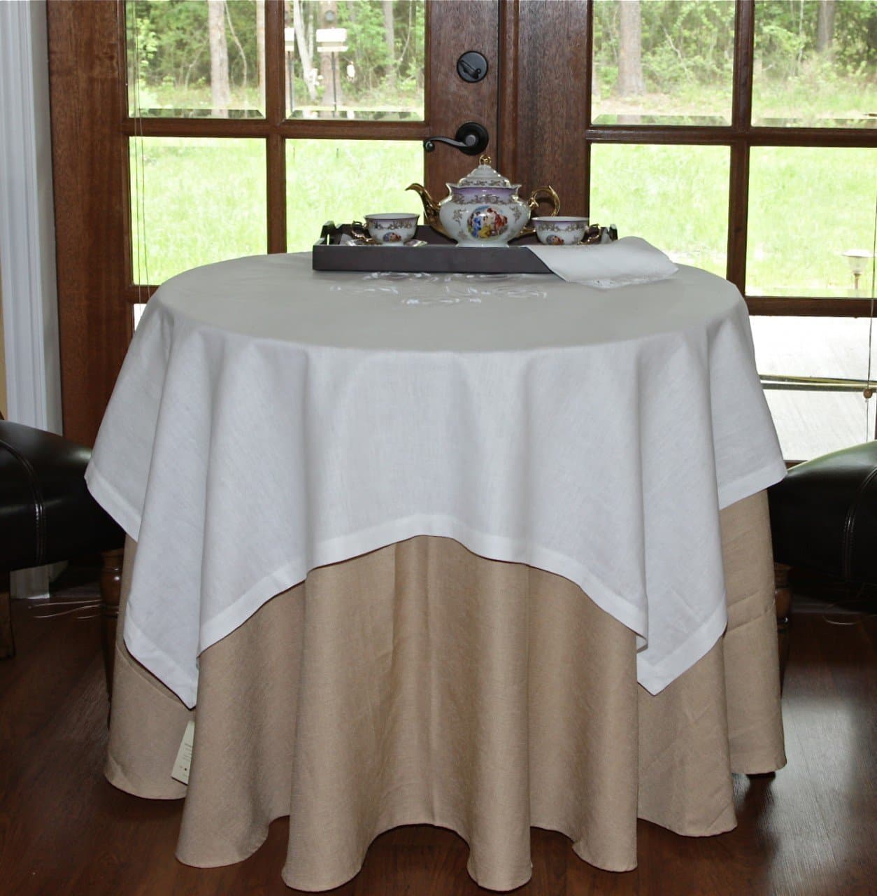 55 X 55 Linen Embroidered Tablecloth/White Color & White Rose Embroidery