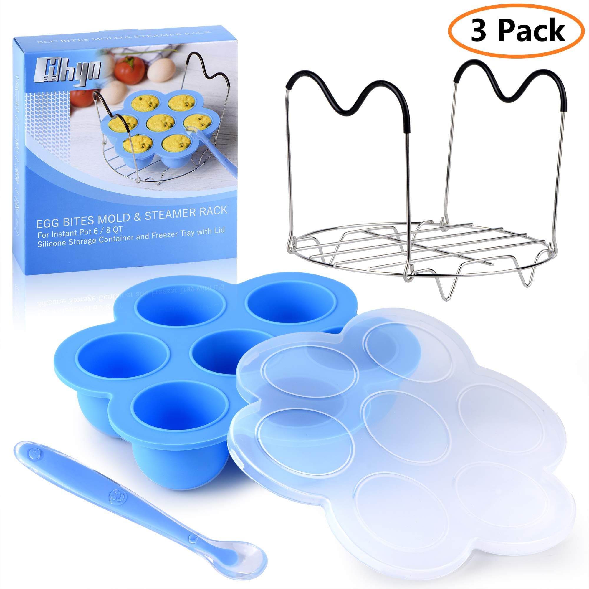 Hhyn Instant Pot Accessories Set with Silicone Egg Bites Molds and Instant Pot Trivet with Handles, Fits for 6 qt & 8 Quart Pressure Cooker, Baby Food Freezer Trays, 3 Pcs with Spoon