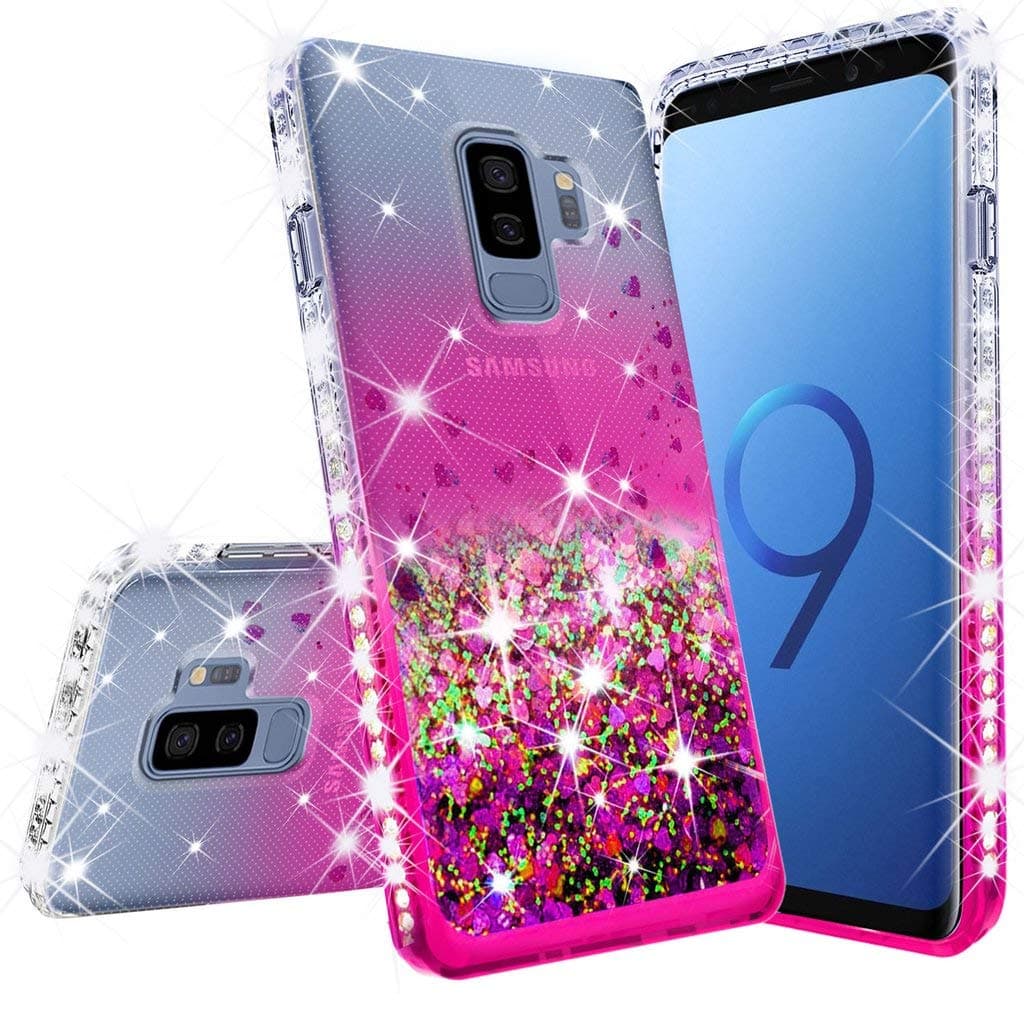 [Coverlab] Galaxy S9 Case Liquid Glitter Shock Proof Phone Case w/Tempered Glass Waterfall Floating Quicksand Girls Women Cover Compatible Cases for Samsung Galaxy S9 - Pink/Clear