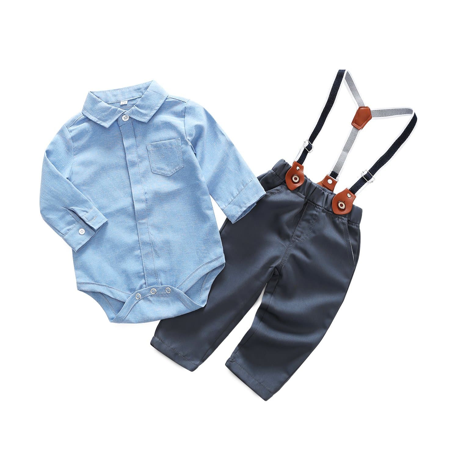 Baby Boy Casual Suit 2pcs Cotton Long Sleeve Solid Color Onesie Shirt Pant with Suspenders Outfits Clothes Set