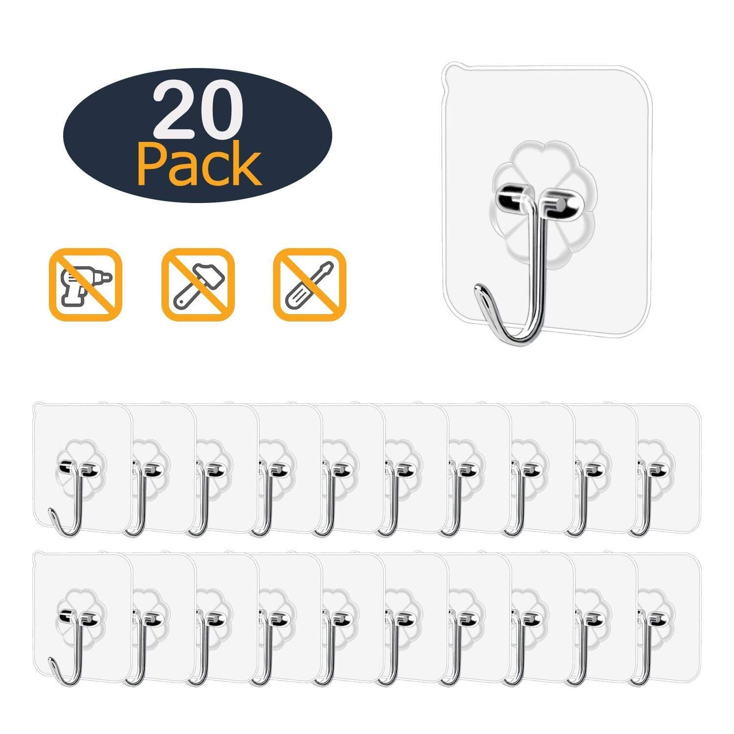 Wall Hooks 13lb(Max) Transparent Reusable Seamless Hooks,Waterproof and Oilproof,Bathroom Kitchen Heavy Duty Self Adhesive Hooks,20 Pack
