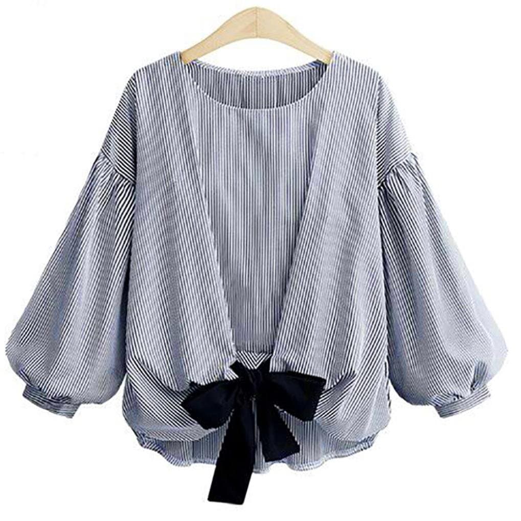 Women Plus Size Bandage Striped Lantern Sleeve Pullover Blouse Ladies Korean Style Fashion Shirt Tops