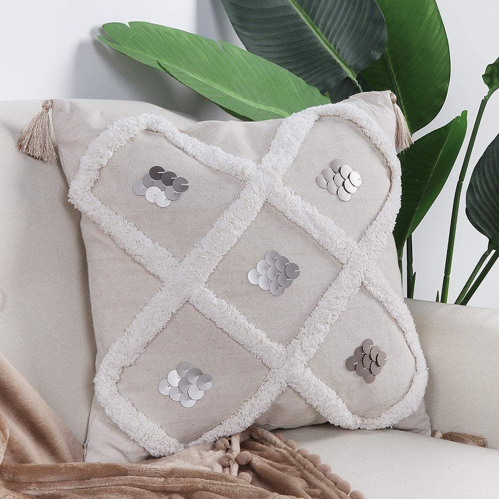 Sungea Linen Throw Pillow Cover, 18 x 18 Decorative Boho Sequin Pillowcase Beige Geometric Tufted with Tassels Accent Cushion Case for Couch Sofa Living Room Party (Silver Sequin)