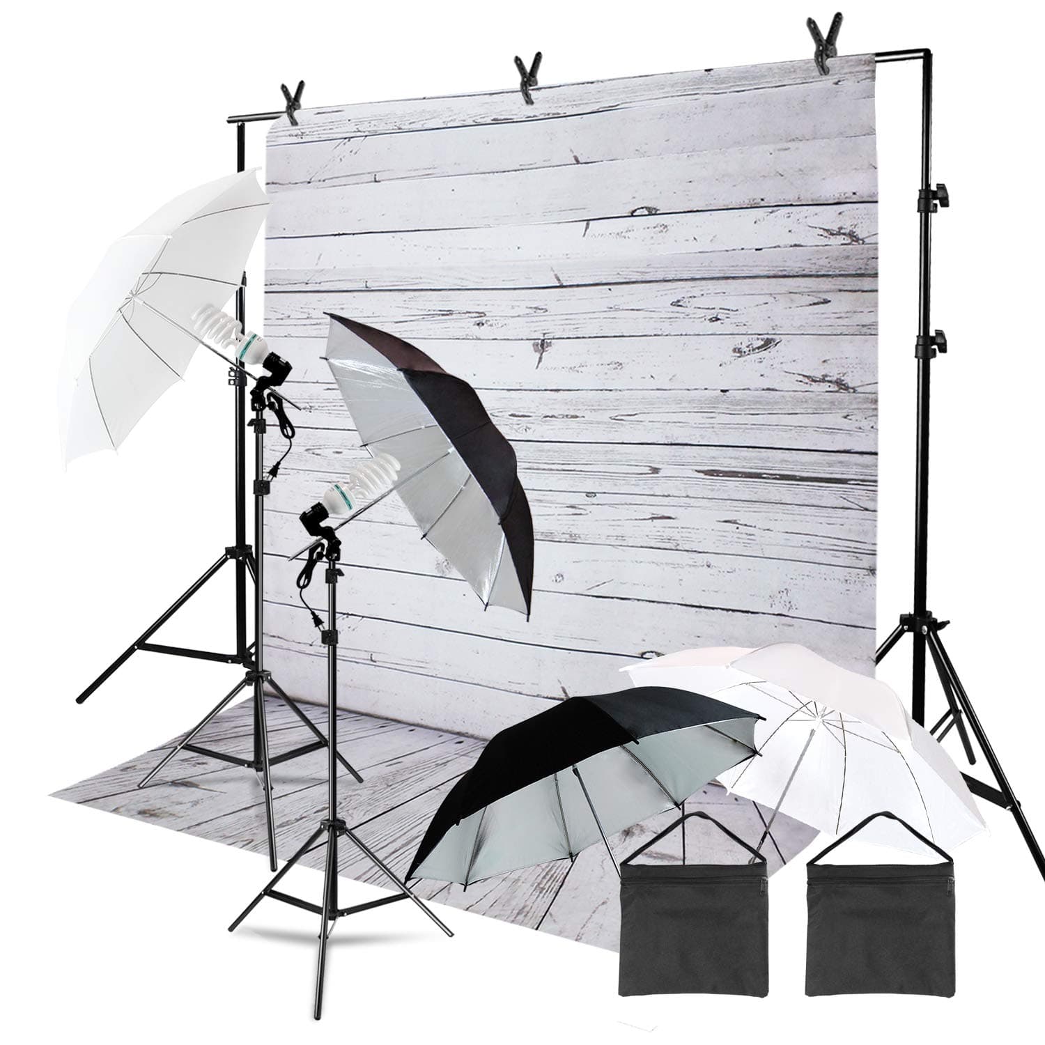 Julius Studio White Wood Floor Backdrop Kit with Crossbar Support System, Complete White and Black/Silver Umbrella Lighting Kit, Sand Bag, and Background Clamp for Photo and Video Studio, JSAG446