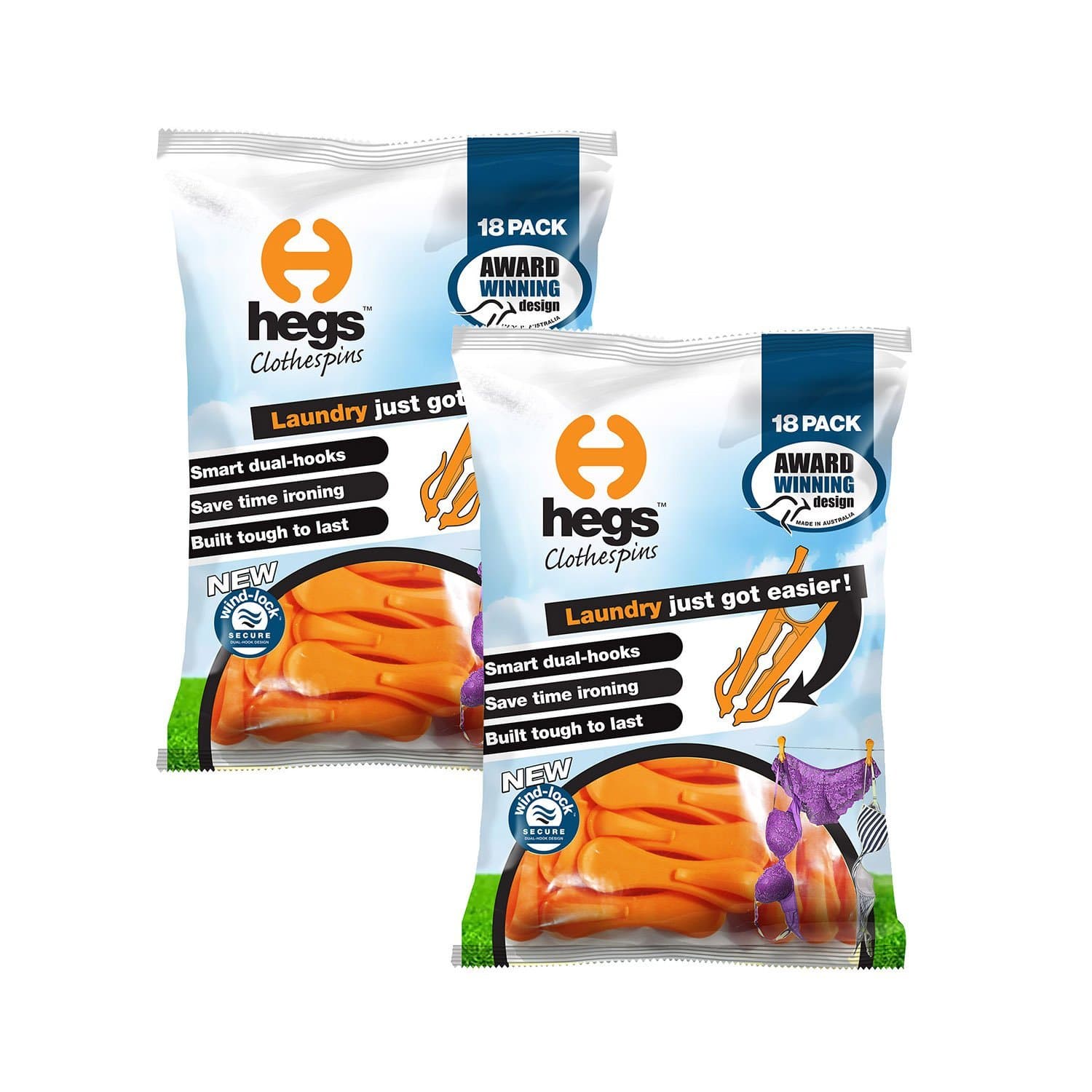 36 x HEGS (2 x 18 Pack) - The Space Saving Clothes Peg with a hook - UV and Shatter Proof