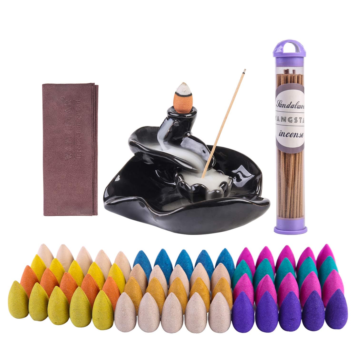 wangstar Incense Set, Incense Sticks Holder Burner Backflow Incense Cones Burner 50pcs Incense Sticks and Variety 60pcs Incense Cones Incense Burner Mat Home Fragrance Home Decor