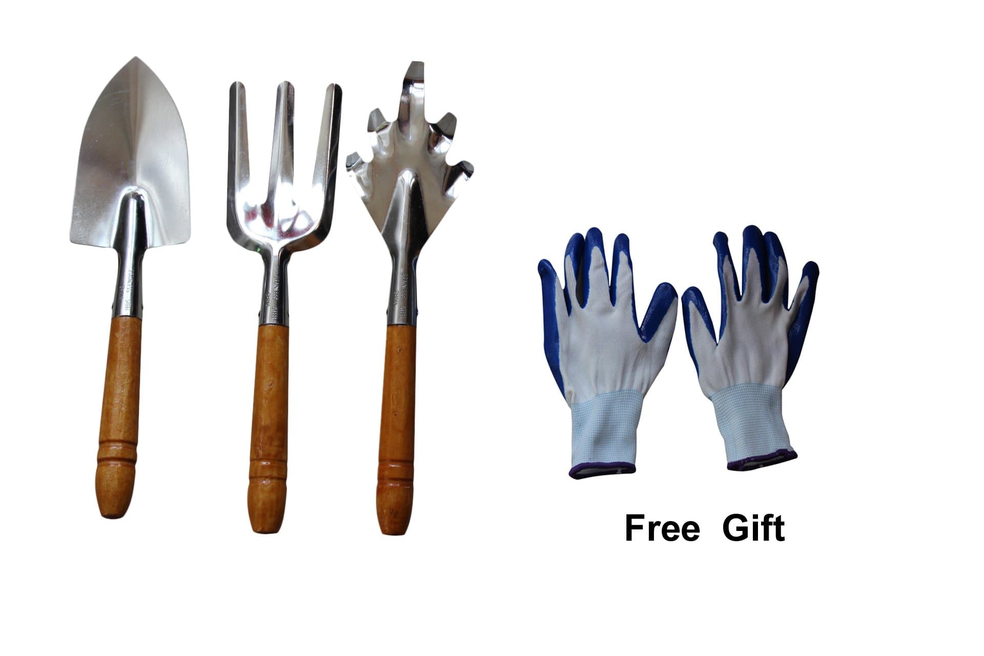 Magic 78 Gardening Tools/Planting tools Stainless Steel Set 3PCS with Wooden Handle (Trowel, Fork, and Rake) & Free Gardening Gloves