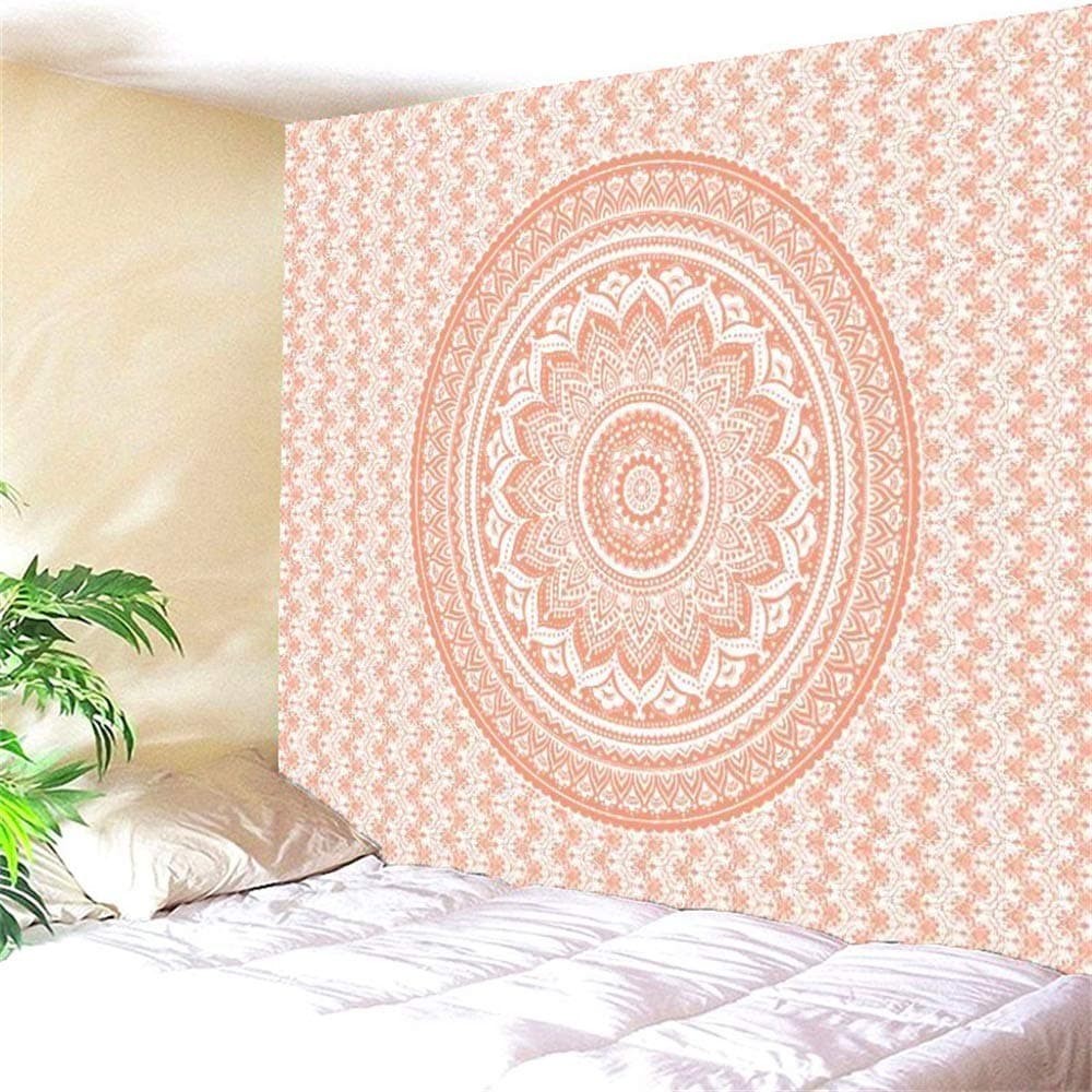 Vhong Wall Tapestry Mandala Pattern Bohemian Lotus Circles Orange Spring Summer Home Decor Tapestry Wall Hanging Decoration for Living Room Bedroom Dorm Micro Fiber Peach Superior Durable Material