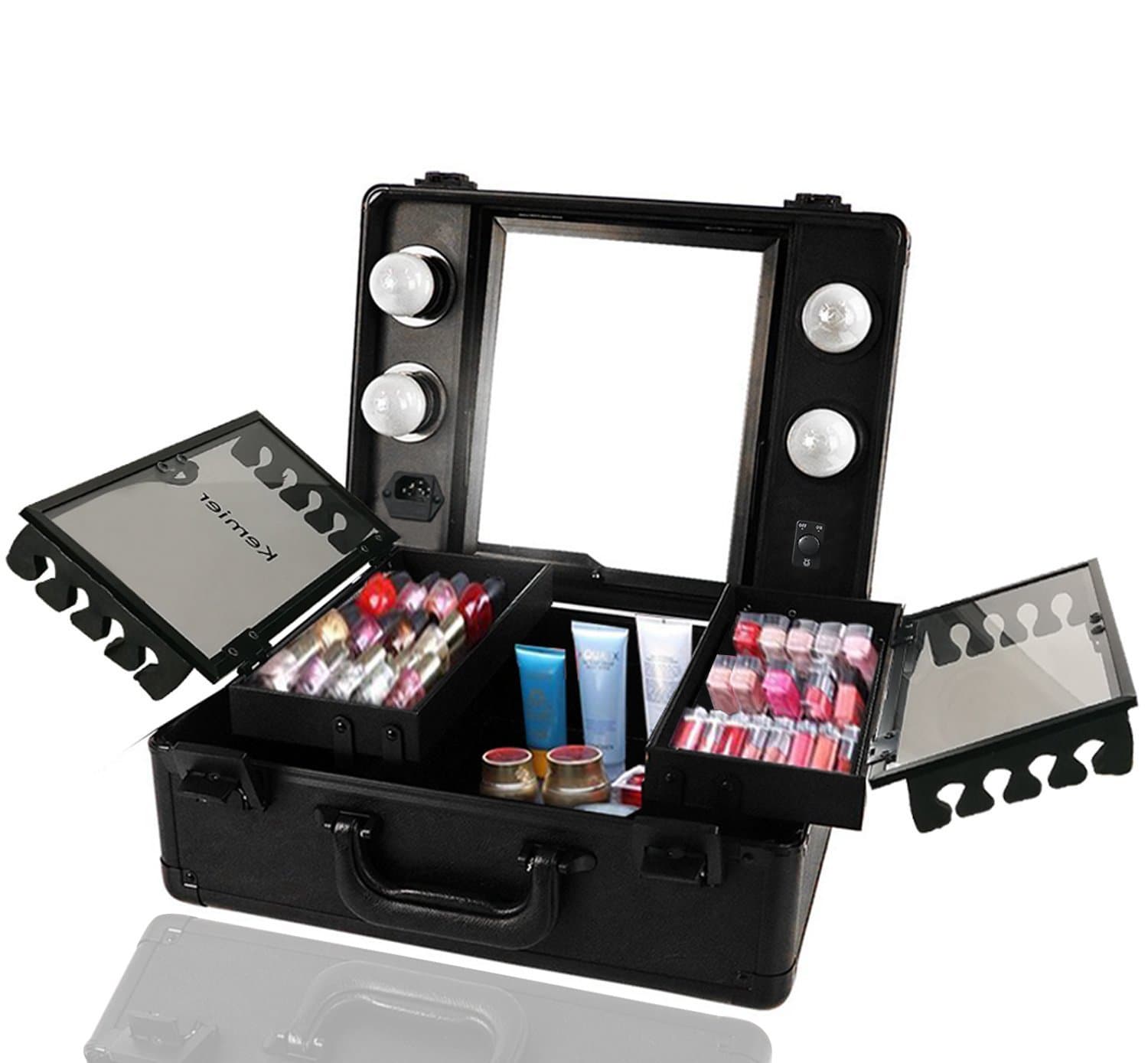 Kemier Makeup Train Case - Cosmetic Organizer Box Makeup Case with Lights and Mirror / Makeup Case with Customized Dividers / Large Makeup Artist Organizer Kit (Black)