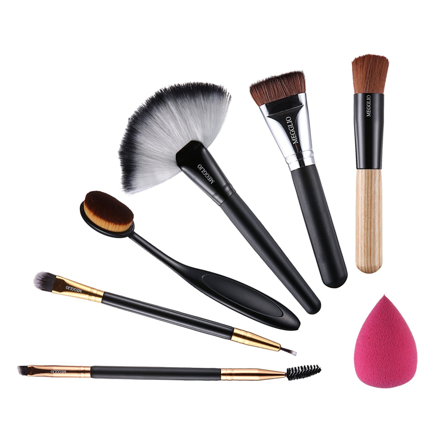 MEGGLIO 6Pcs Makeup Brush Set With Bag Double Ended Professional Eye Face Foundation Contour Blush Brush Oval Toothbrush Fan Brush Sponge Puff