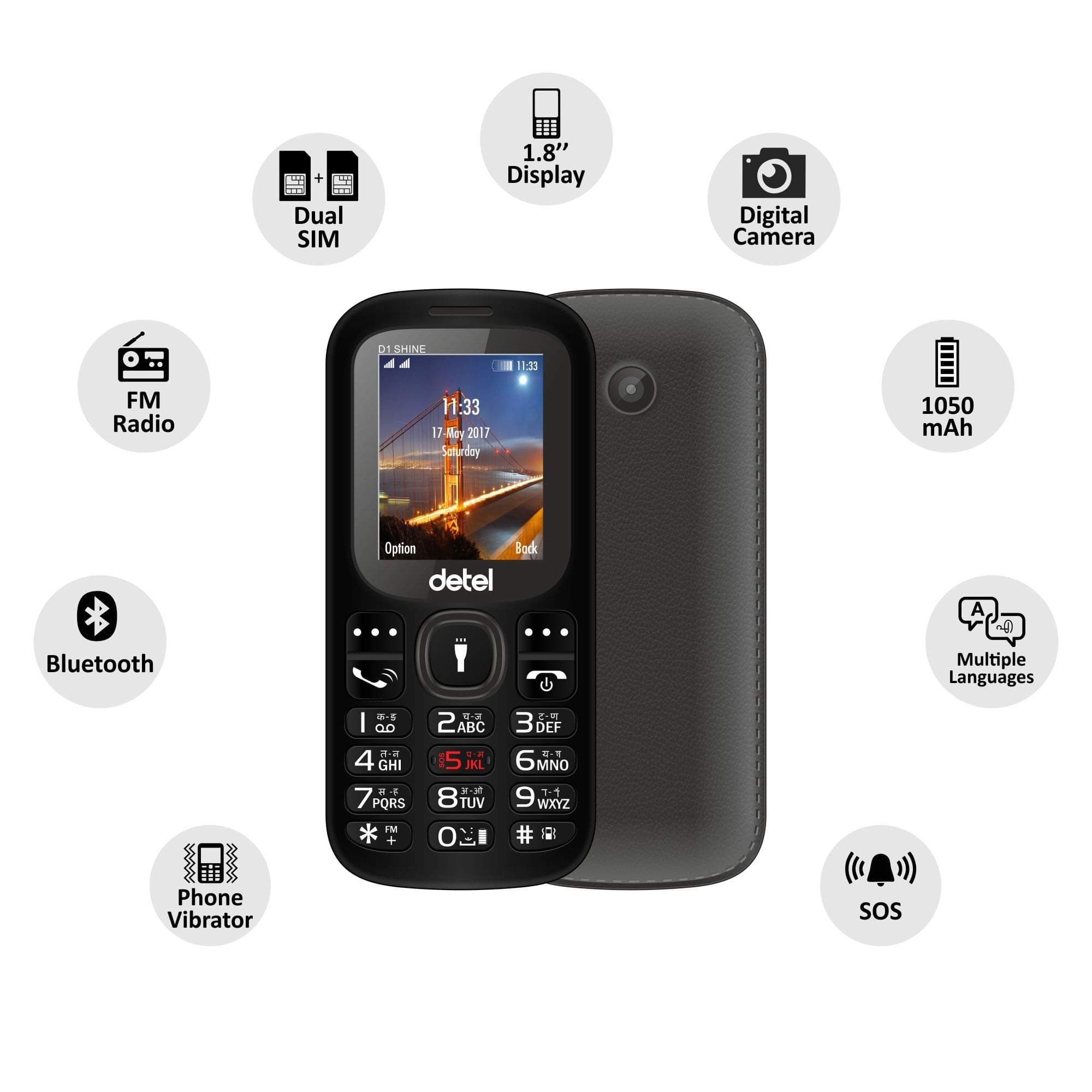 Detel D1 Shine with Dual sim, Camera, Audio/Video Player, SOS Function,Call/SMS Black List,Wireless FM,Torch and Bluetooth (Black)