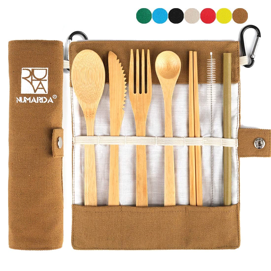 Bamboo Utensils, Eco Friendly Flatware Set, Bamboo Cutlery Set, Bamboo Travel Utensils, Camping Utensils Set, Portable Utensils Set, Knife, Fork, Spoon, Reusable Straws Chopsticks, 7 Pieces,7.9 inch