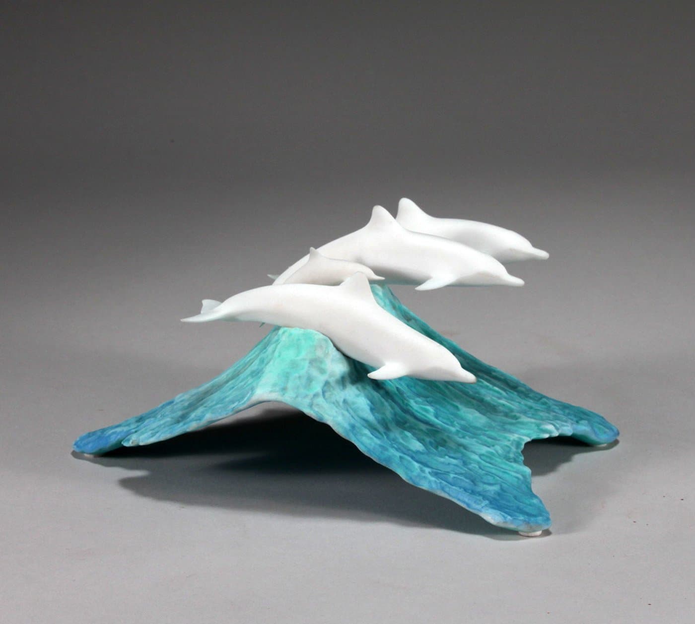 Dolphin Pod Sculpture by John Perry On Blue Wave Pellucida 8in Long 3 Adults & 1 Calf Statue