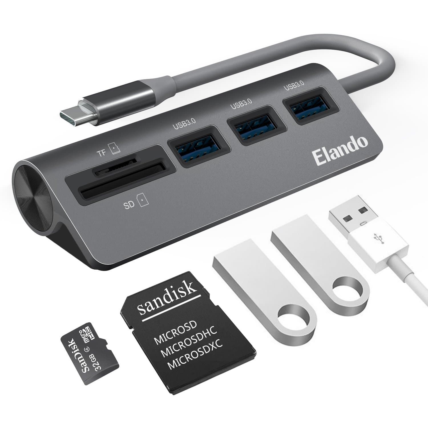 USB C Hub, Elando Aluminum USB Type-C Adapter with 3 USB 3.0 and 1 SD/TF Card Reader for MacBook Pro 2018 and More
