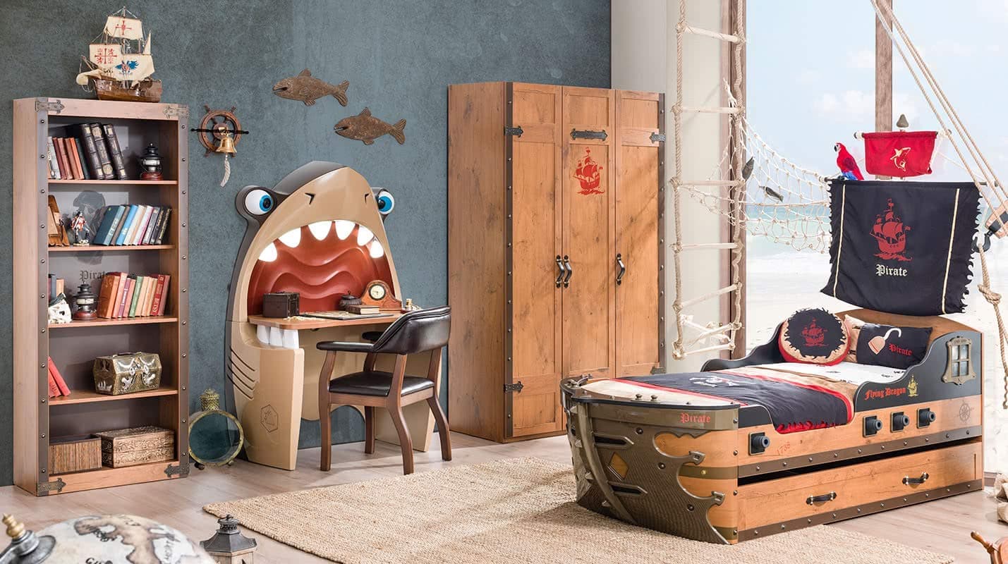 Dafnedesign.com - Full bedroom boys or baby - Includes: one ship bed, two blankets, two mattresses, a dresser, a closet, a desk, a bookcase, a chair - [Series: Daphne-Pirate] - (DF11)