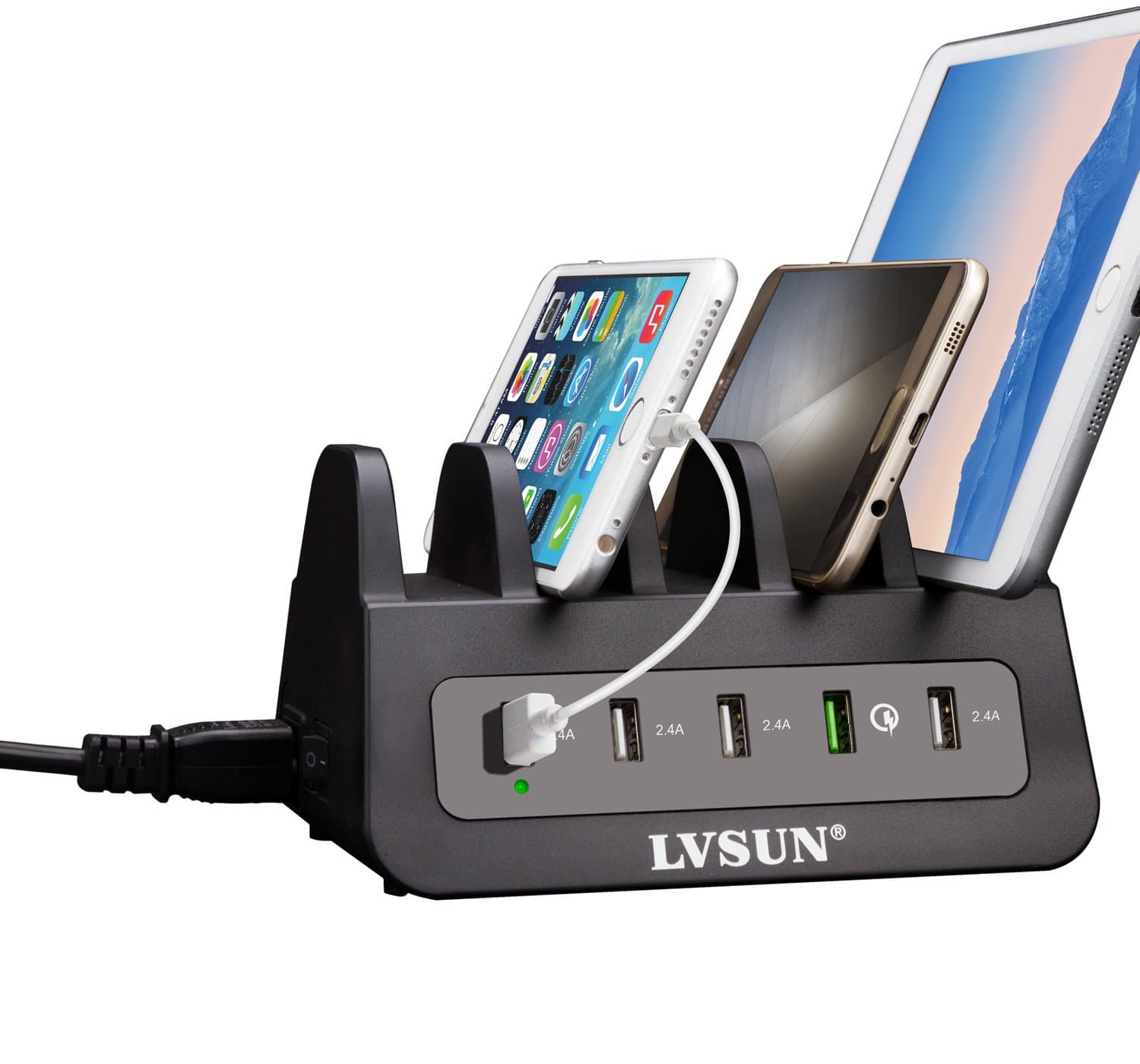 USB Charging Station –LVSUN 60W 5 Ports Charger Dock Includes Quick Charge Fast Charging Docking Organizer with 2 Universal AC Outlets for iPhone iPad Galaxy Android Tablet Mobile Related USB Devices
