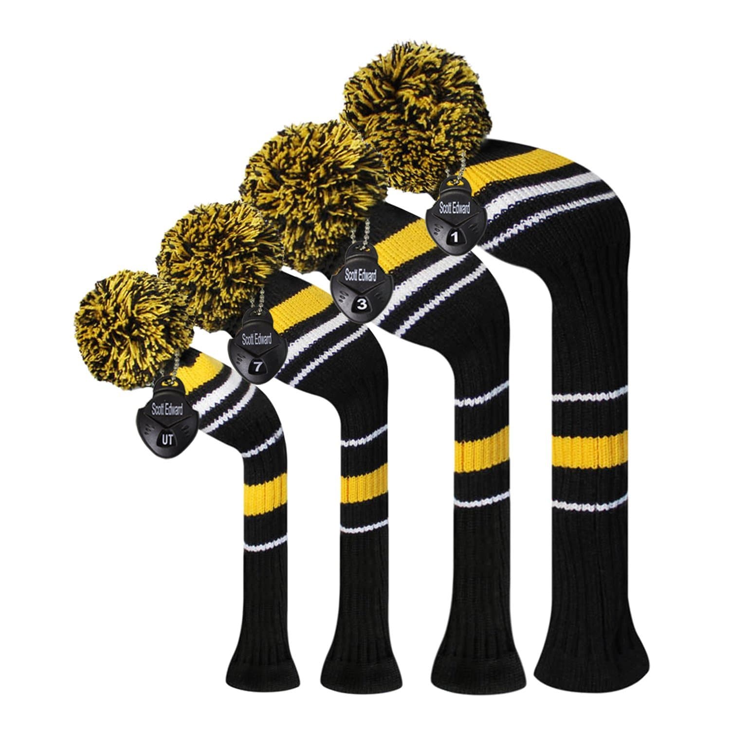 Scott Edward Knit Golf Headcovers for Wood 4 PCS Packed,Fit Driver Wood, Fairway Wood and Hybrid/UT, Long Neck,Big Pom Pom, for Men/Women (Yellow Warning Stripes)