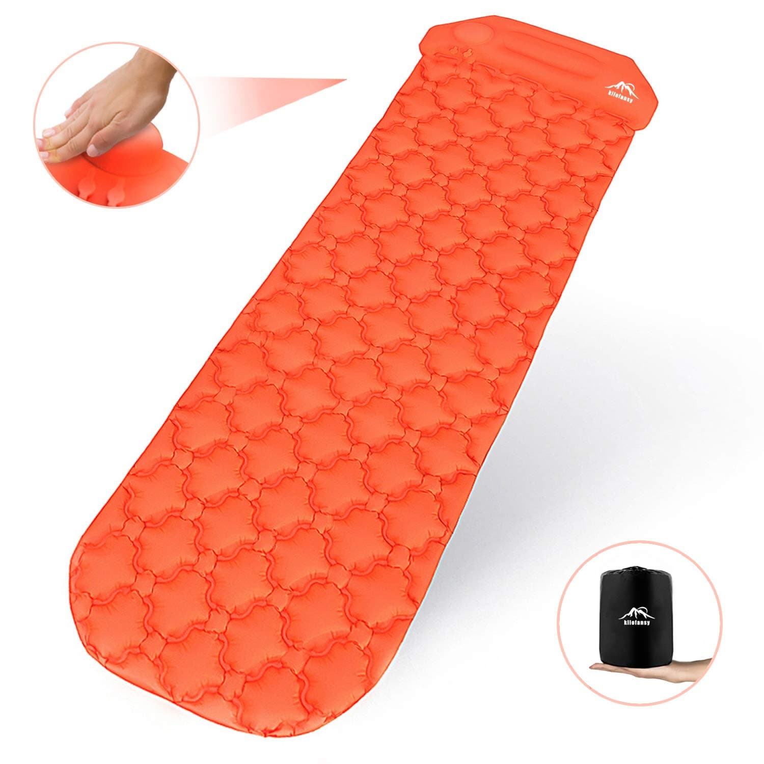 Kilofansy Sleeping Pads for Backpacking - self Inflatable Camping Sleeping Pad Outdoor Air Pad with Attached Pillow, Portable Camping bag with Hand Press Pump for Hiking Traveling