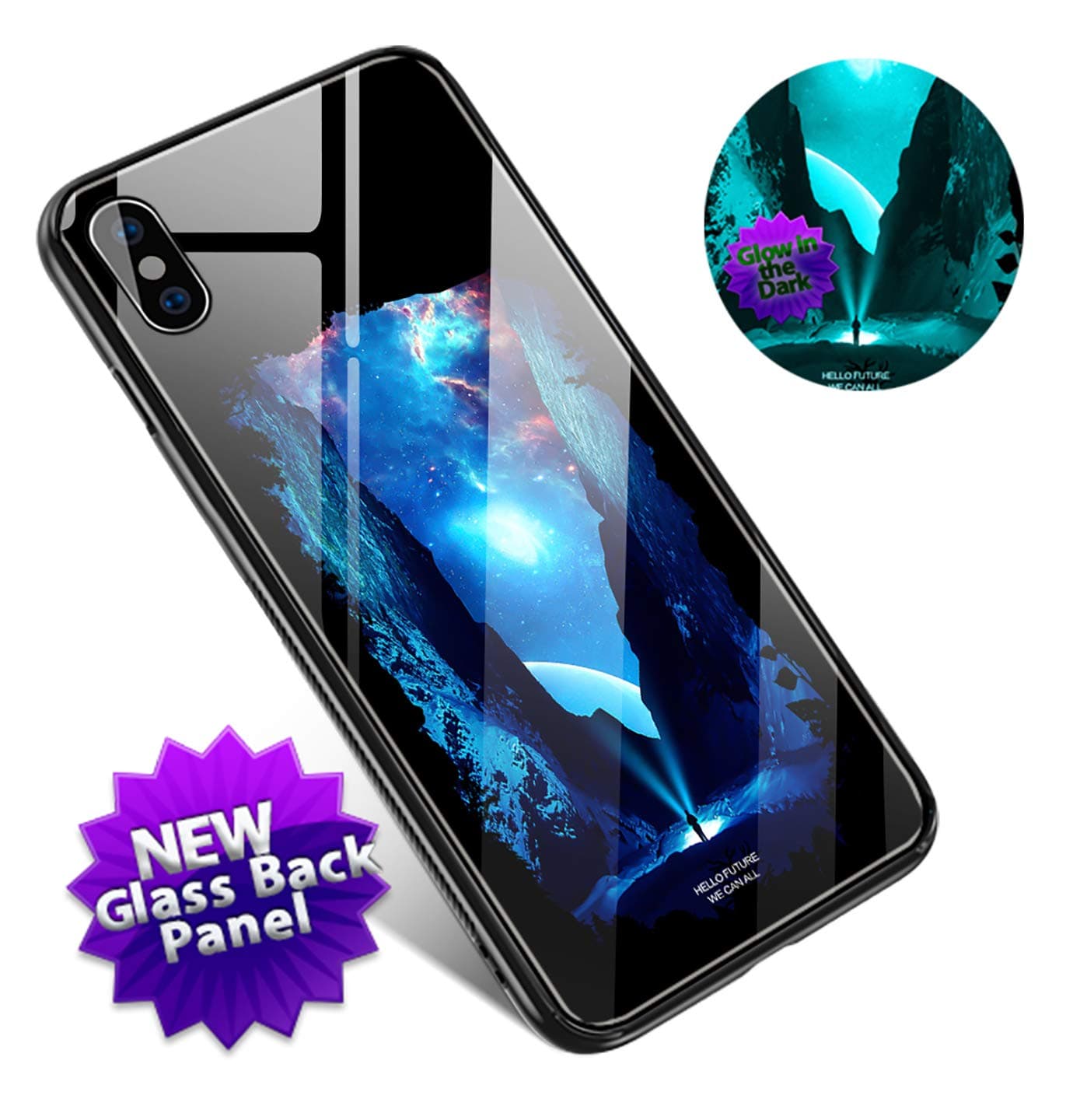 MTW iPhone X case Glow in the Dark, Slim Anti Scratch Glass panel with shockproof TPU Rims (iPhone X, Cold Mountain)