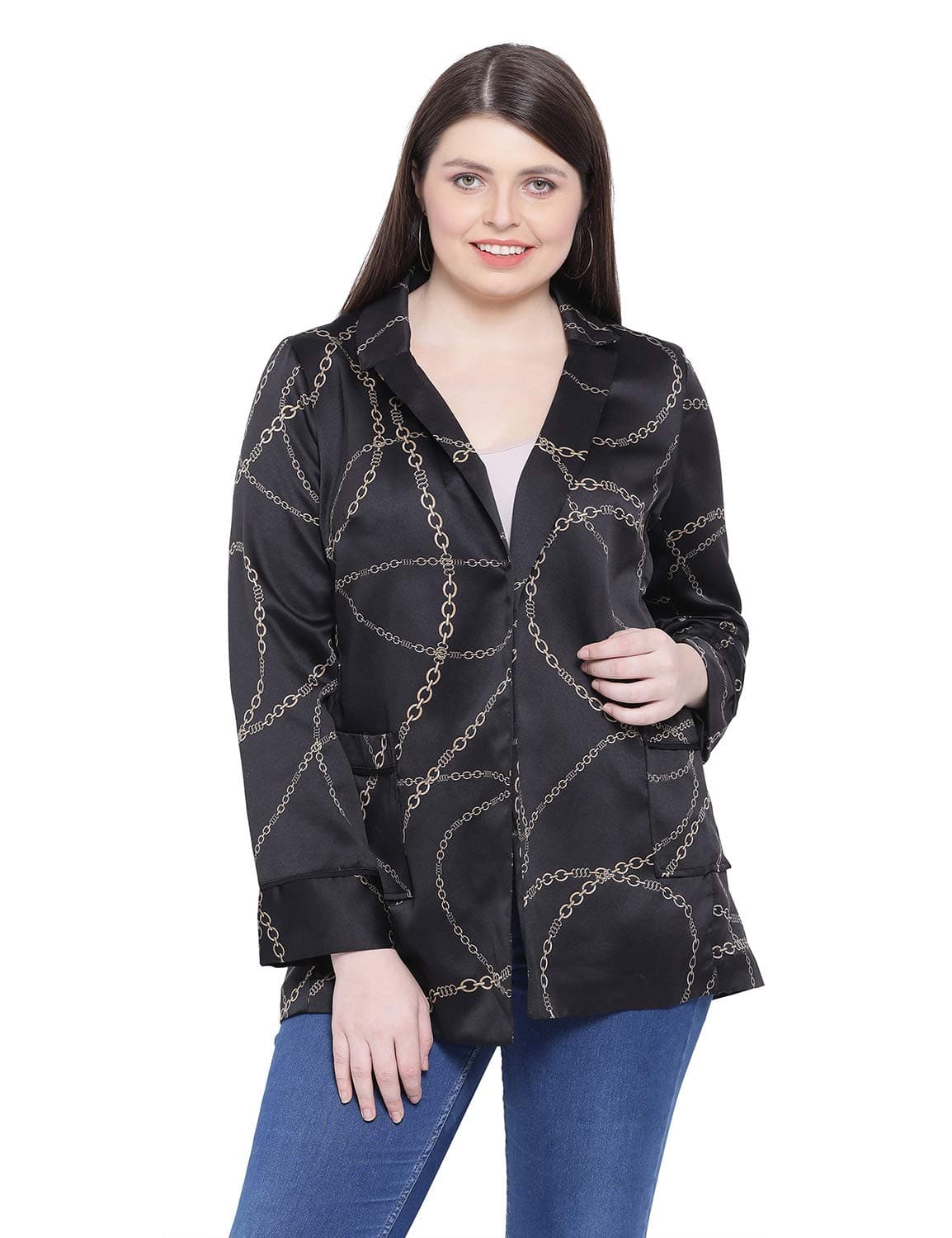 Women's Plus Size Long Sleeve Abstract Blazer (Black)
