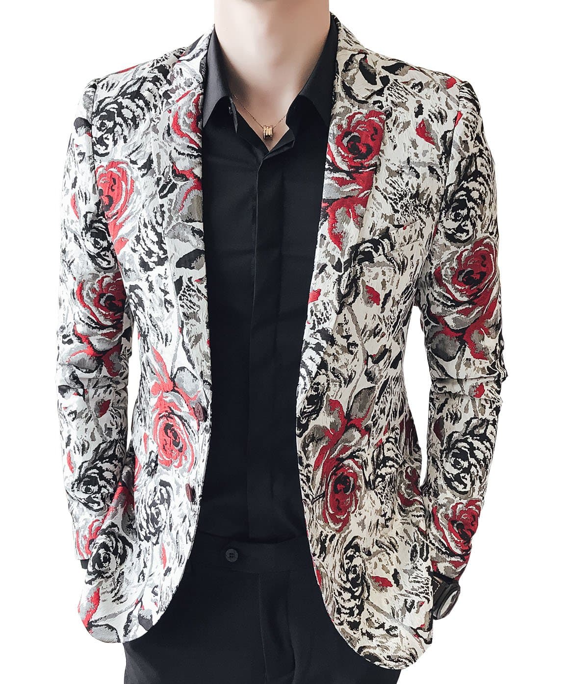 Men's Red Black Rose Print Casual Blazer