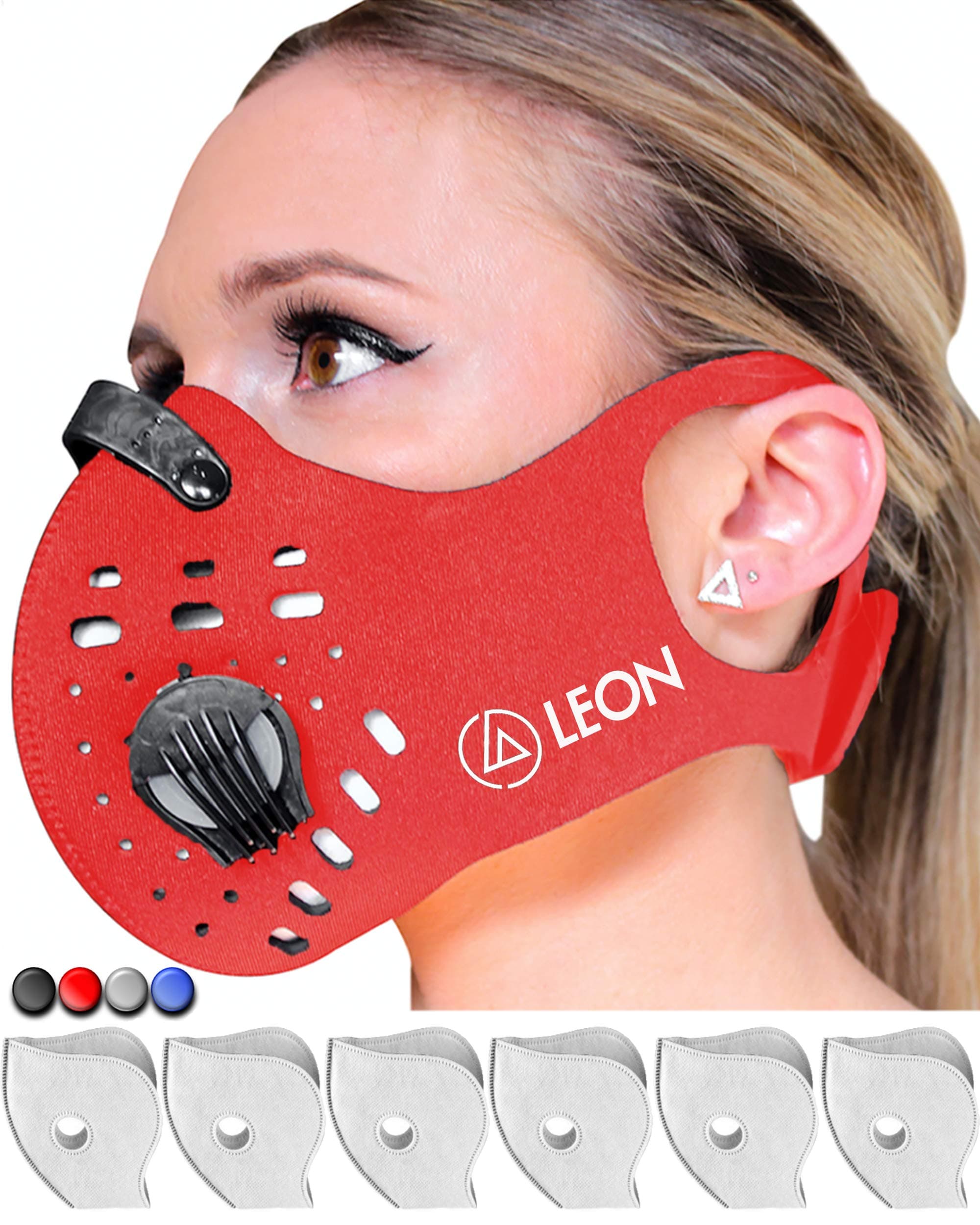 (Red) LEON N99 Dust Mask with 6 Carbon Activated Filters | Reusable Washable Anti Dust Mask | Non Slip Safety Mask | Dustproof Anti Pollution Smoke Air Respirator | Outdoor Mowing Woodworking Allergy
