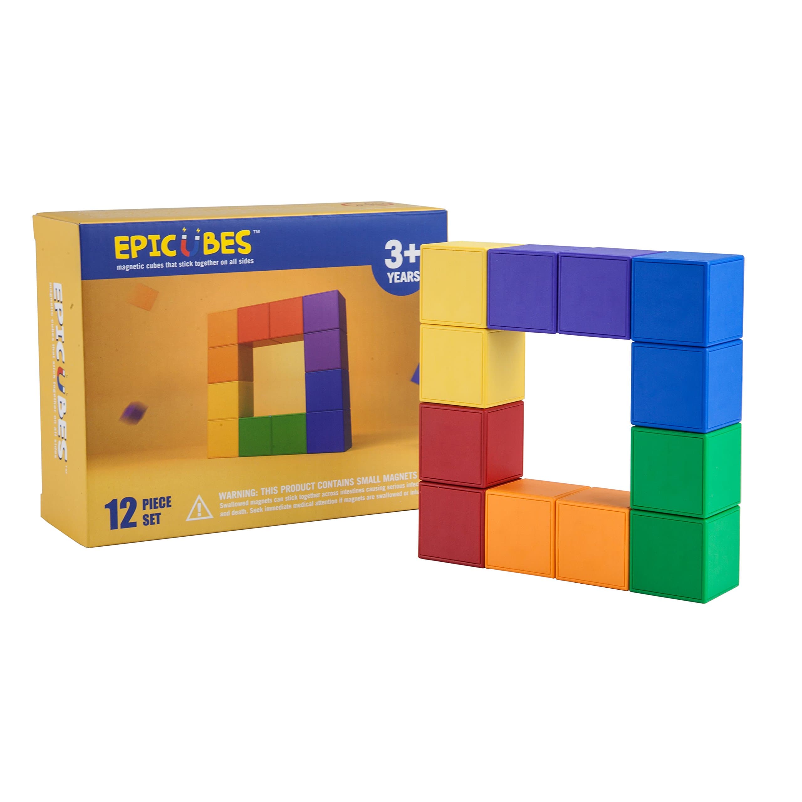 Epicubes Magnetic Building Blocks 12 Piece Set - 3D Construction Kit, Magnetic Cubes That Stick On All Sides, 6 Colors