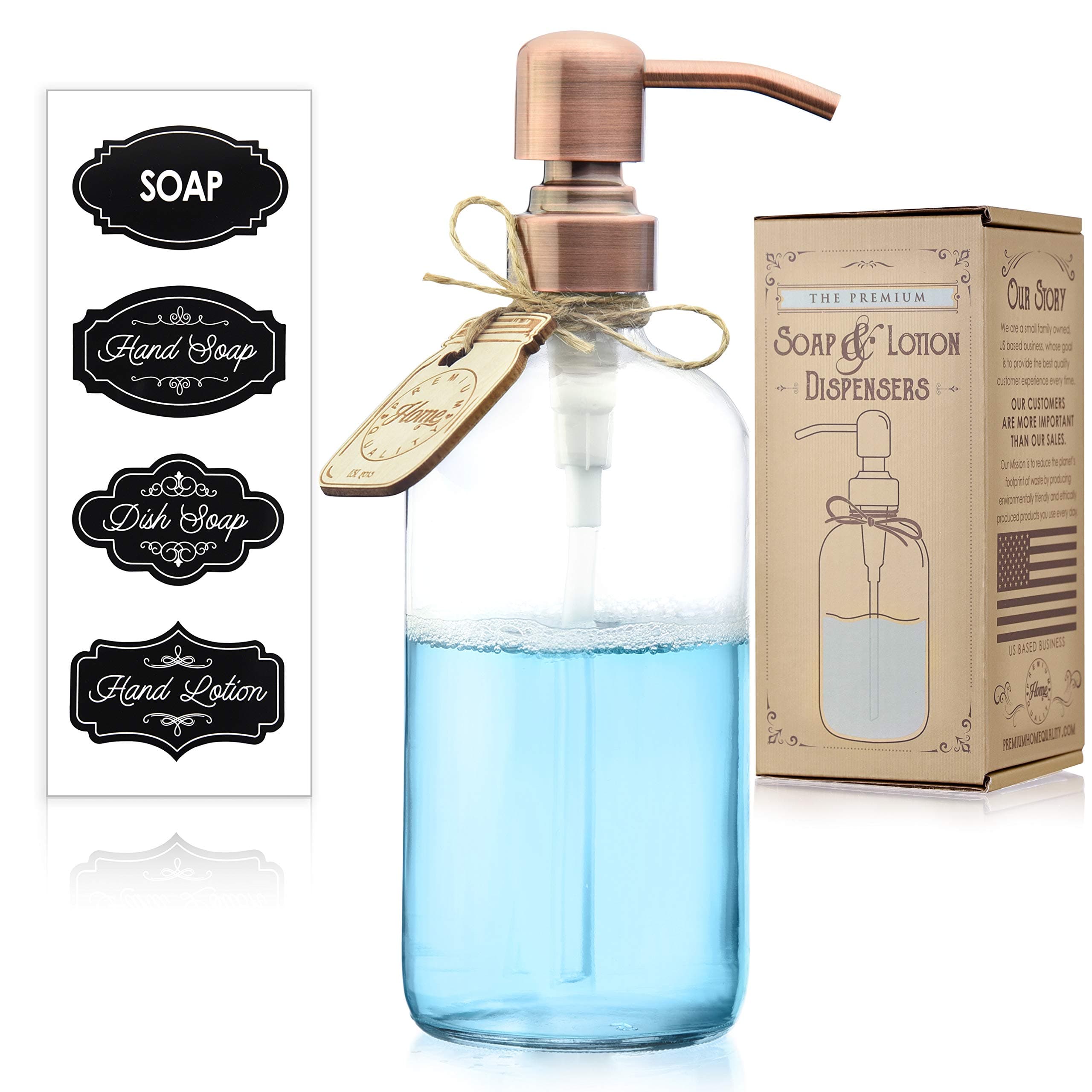 Clear Glass Dish Soap Dispenser for Kitchen Countertop - Liquid Hand Soap Dispenser for Bathroom - Perfect for Lotion, Oils, Mouthwash (Rustproof Copper Pump, 16 Ounces)