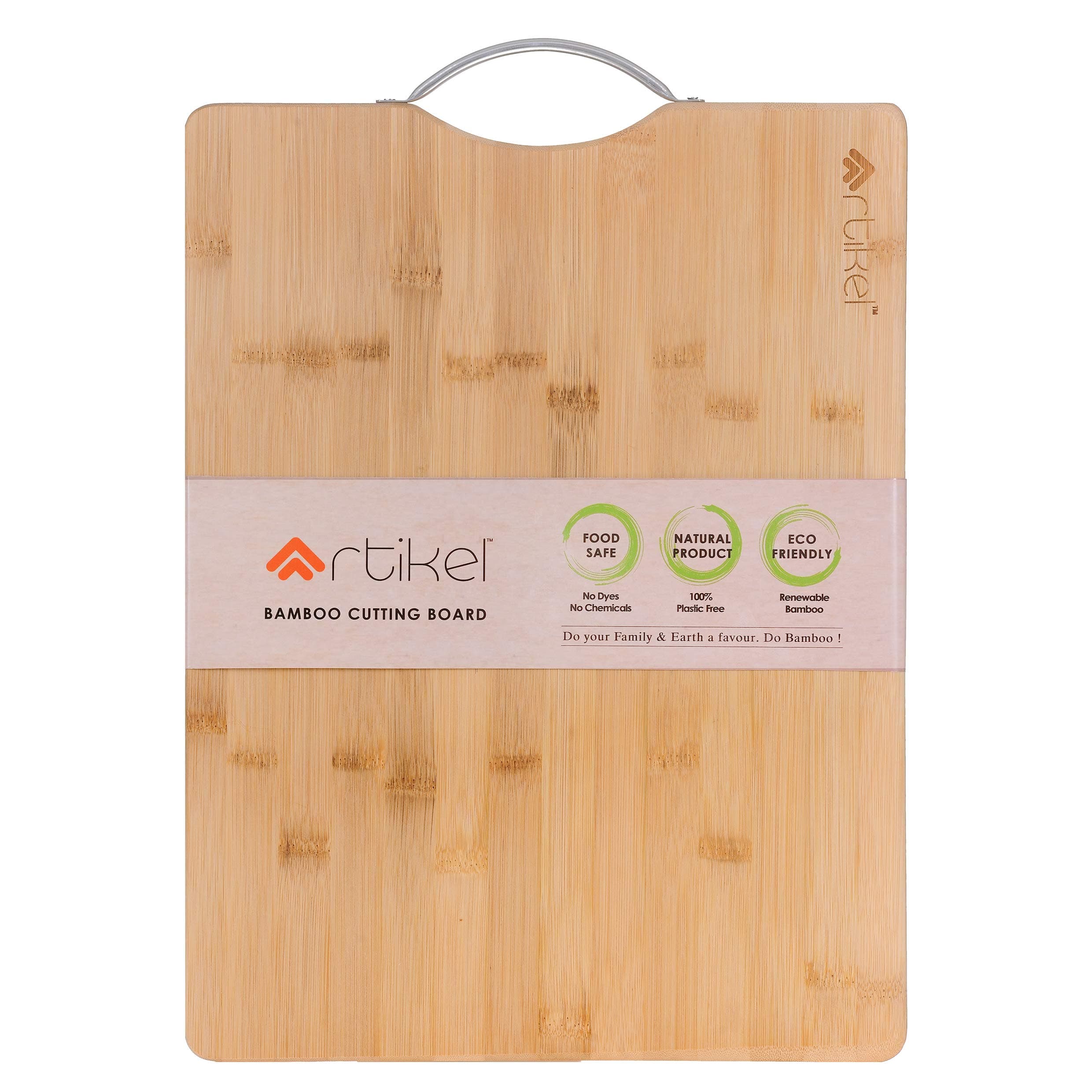 ARTIKELBamboo Cutting Board | Practical Handmade Design with Stainless Steel Handle | Chopping, Dicing & Mincing | Extra Thick | Medium + | 36 cm x 26 cm x 2 cm