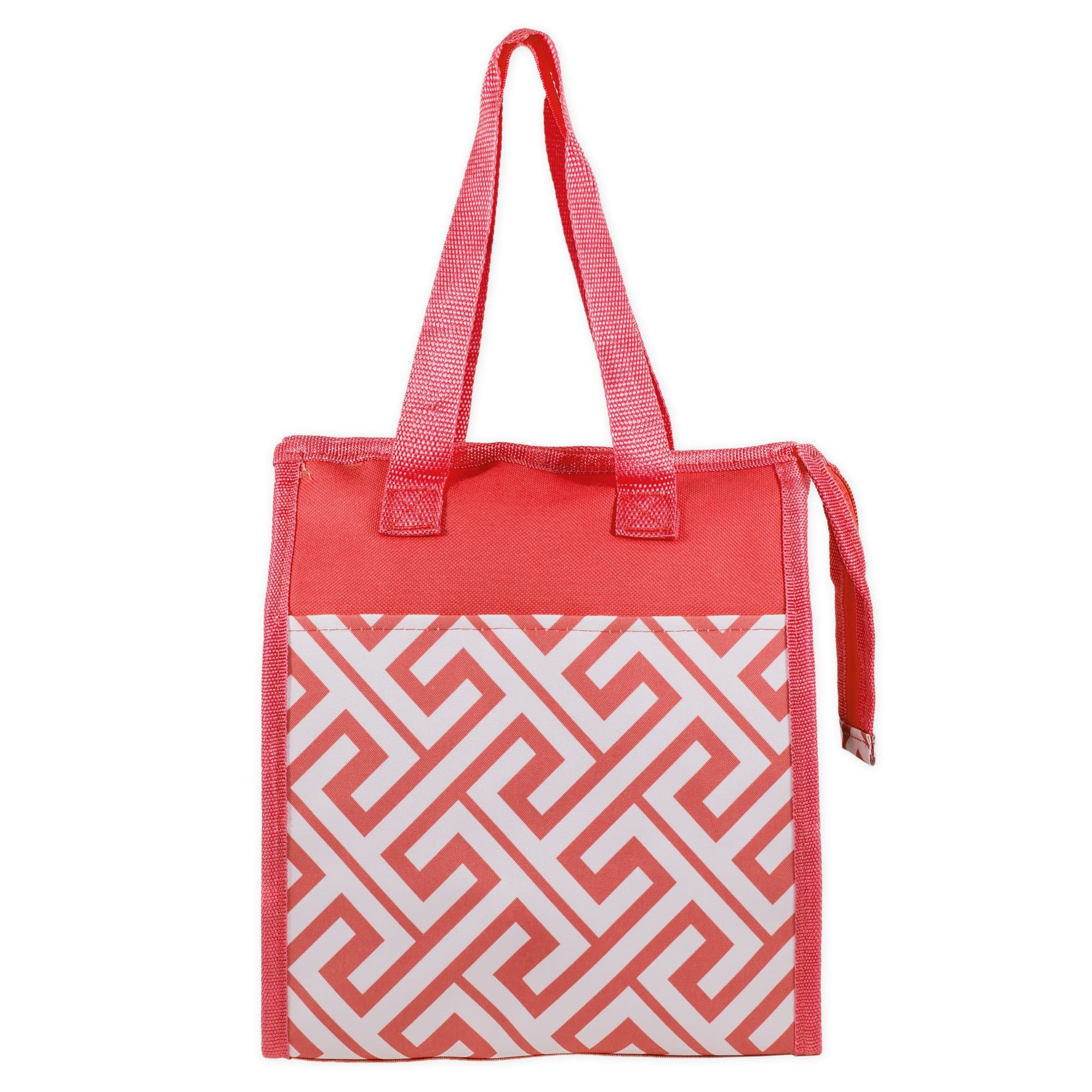 Patterned Polyester Insulated Reusable Zipper Lunch Bag (Coral Greek Key)
