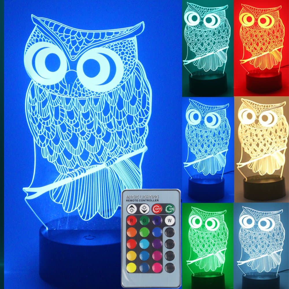 FIGHTART Night Light 3D Owl Lamp Remote Control Optical Illusion for Nursery/Decor/Living Room 7 Colors Changing Light Toys Gifts for Kids Toy