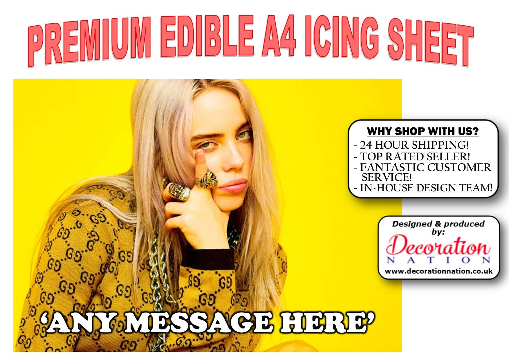 Billie Eilish Yellow Background Personalised A4 Edible Icing Cake Topper Decoration
