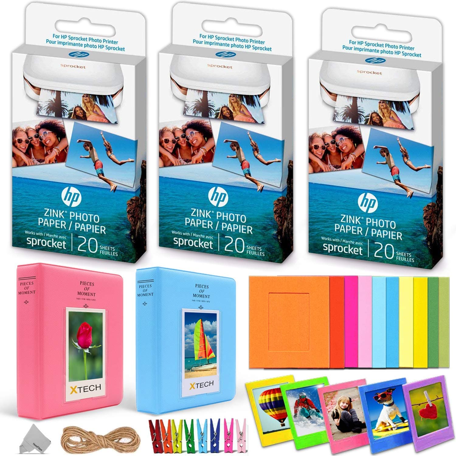 3 Pack HP Sprocket Photo Paper (60 Sticky-Backed Sheets Total) + Accessories Kit for HP Sprocket Portable Photo Printer, 2 Photo Albums, 10 Paper Frames, 10 Plastic Frames, Hanging Clips/String