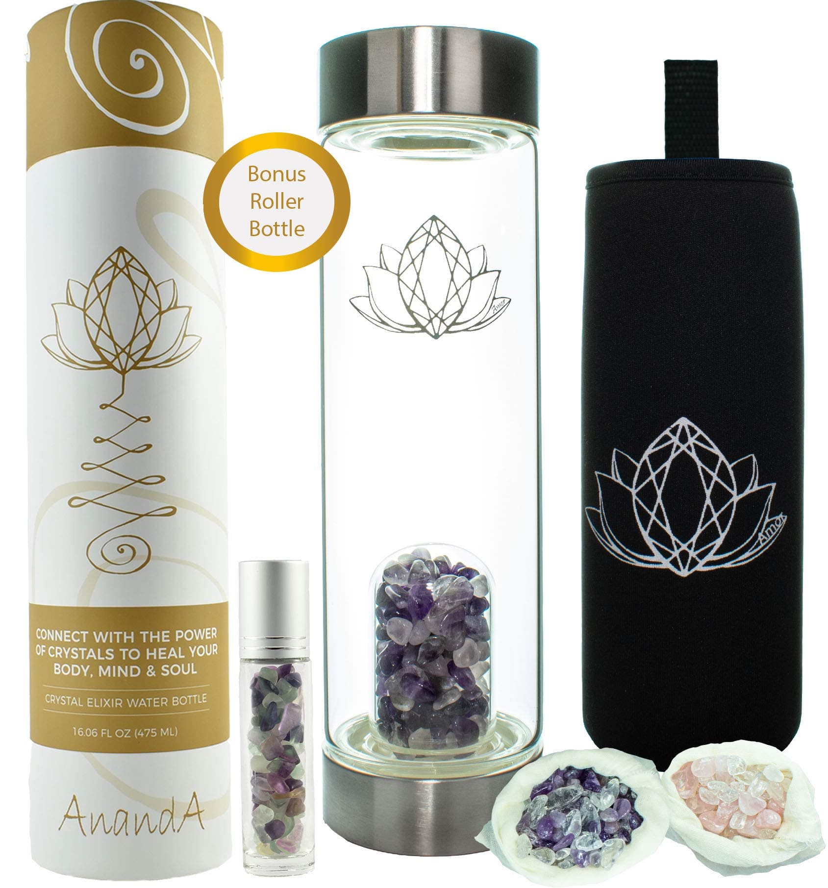 Ananda Crystal Water Bottle - Elixir Gem Infused Healing Water -16 oz - Bonus Roller Bottle with Fluorite Crystals & Neoprene Sleeve - Includes Amethyst, Rose and Clear Quartz