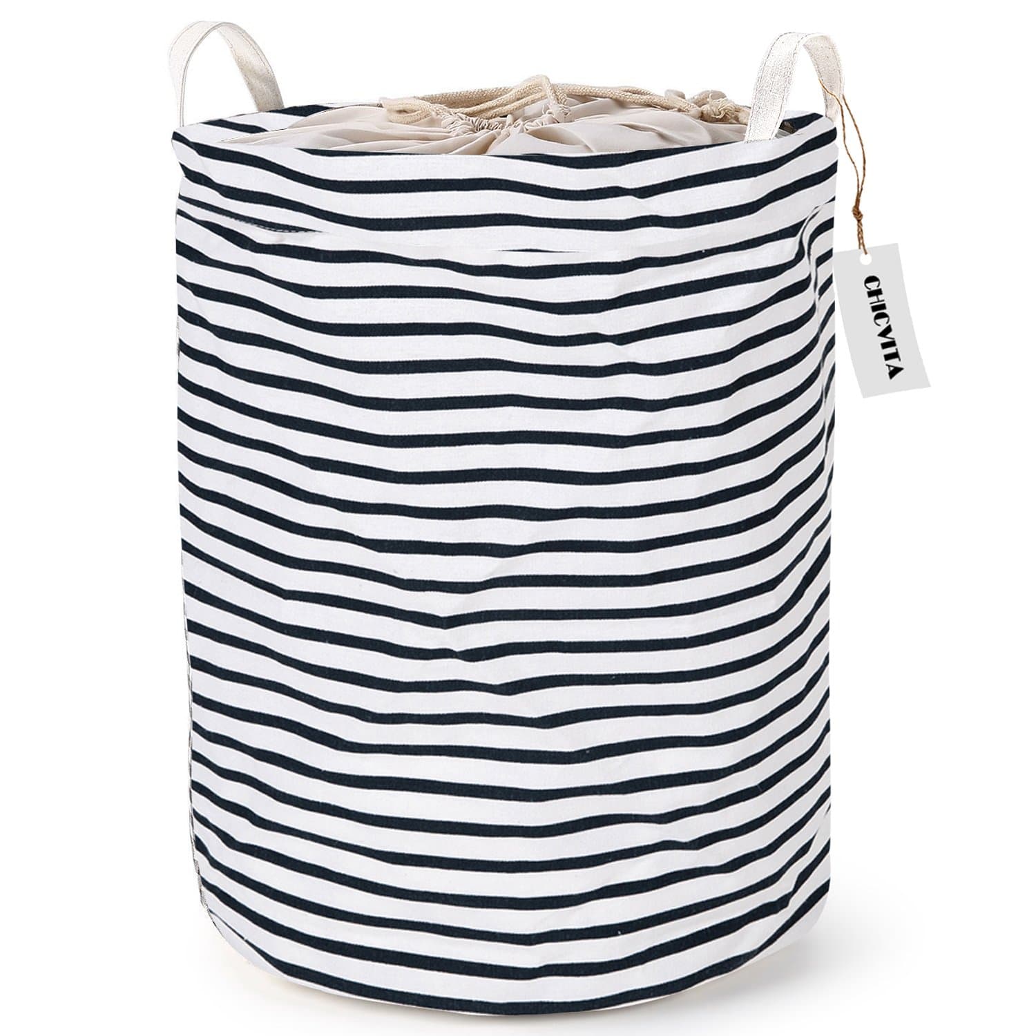 CHICVITA 17.7" Drawstring Laundry Basket with Handles, Waterproof Round Cotton Linen Collapsible Laundry Hamper, Canvas Laundry Basket