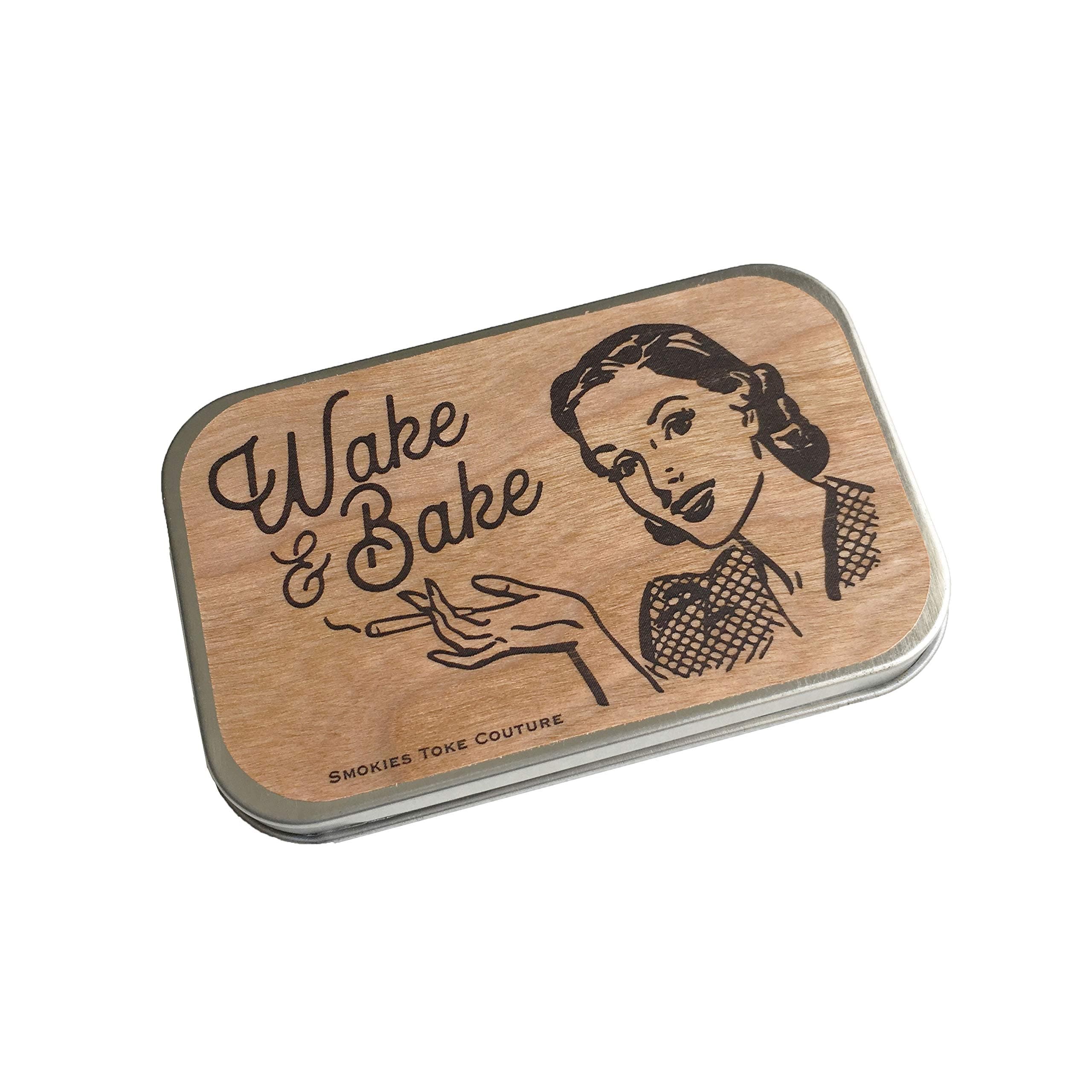 Stash tin, wood, weed tin, stash box, cigarette case, WAKE & BAKE