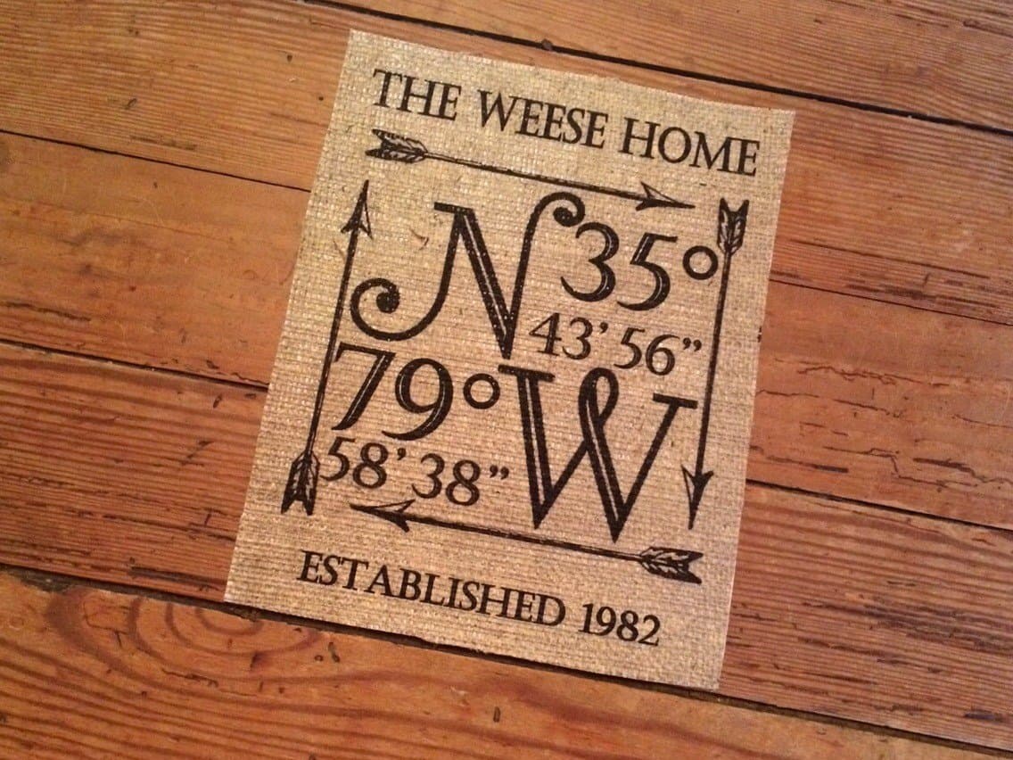 Personalized Longitude Latitude Coordinates Burlap Sign - Travel Themed Wedding Decor - Housewarming Hostess Gift - GPS Coordinates Home Decor