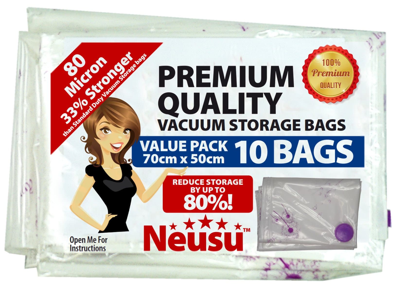 Neusu Vacuum Storage Bags, Premium 80 Microns, 10 Pack Medium 70x50cm