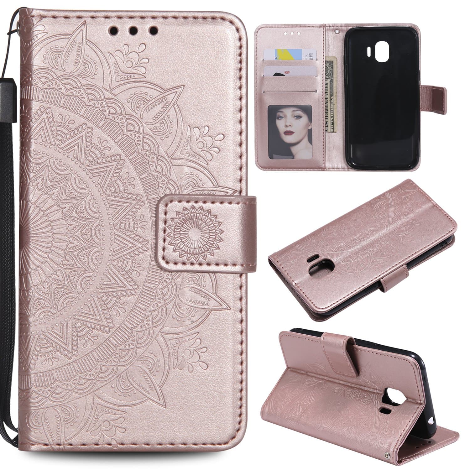 Galaxy J2 Pro 2018 Floral Protective Wallet Case,Galaxy J2 Pro 2018 Strap Flip Case,Leeook Pretty Elegant Embossed Totem Flower Design Pu Leather Bookstyle Magnetic Card Slots Wrist Strap Rose Gold Soft Inner Stand Flip Skin Case Cover Book Style With Lanyard Strap for Samsung Galaxy J2 Pro 2018 + 1 x Free Black Stylus-Rose Gold