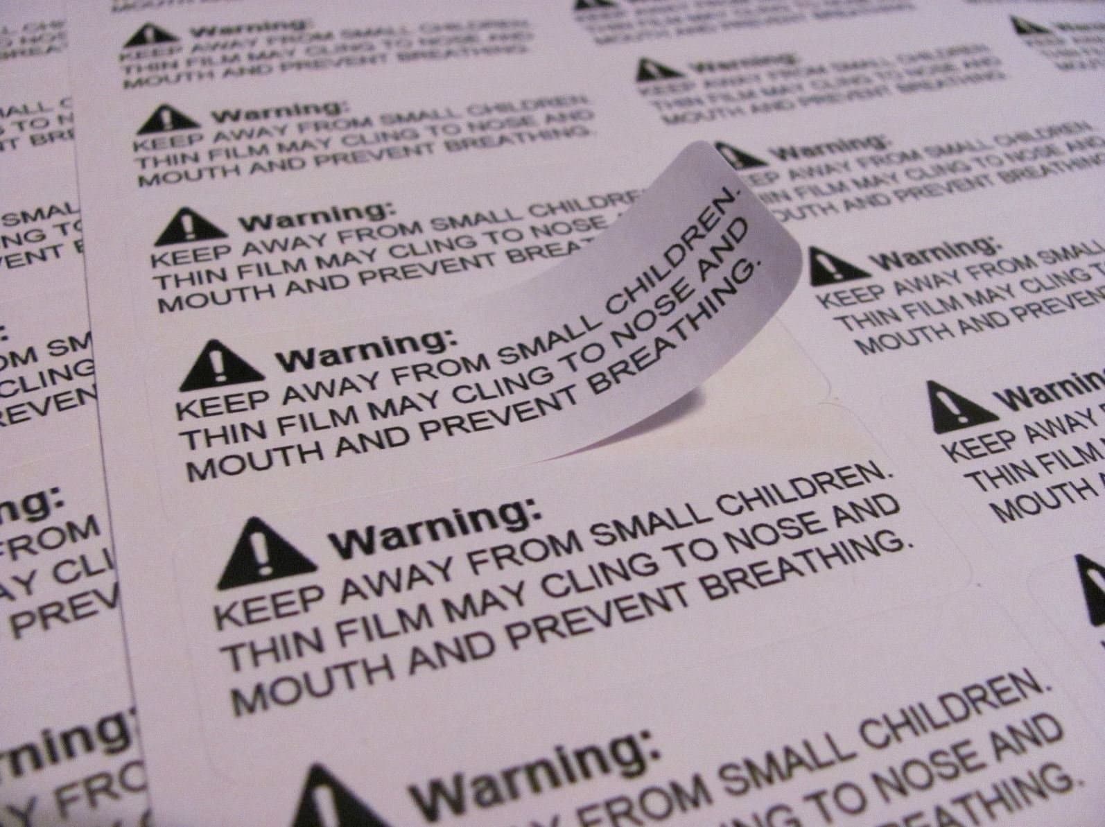 Suffocation Warning Stickers Peel and Stick Labels for Plastic 1" X 2 5/8" 300 Labels