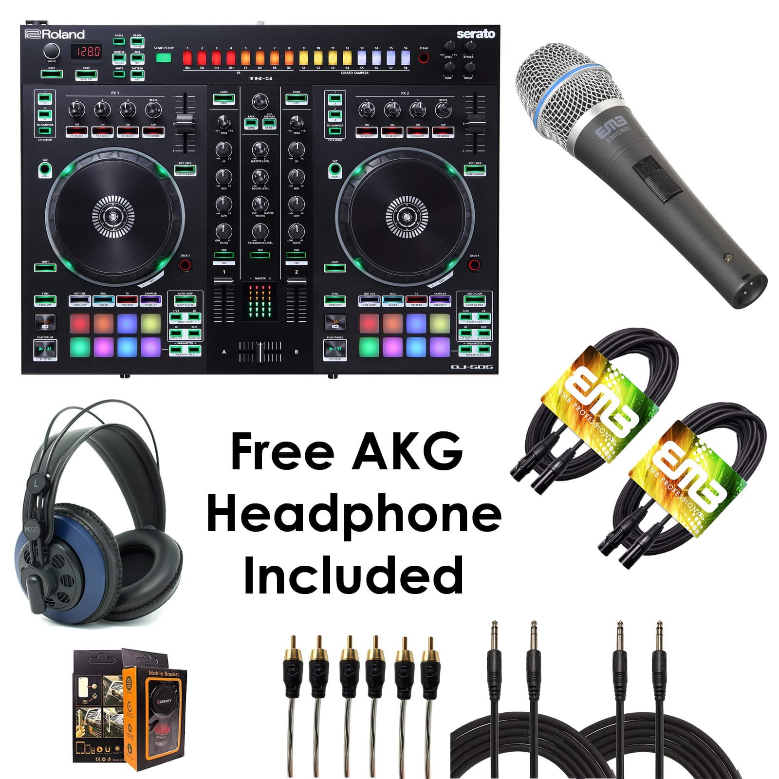 Roland PKG DJ-505 Two Channel, Four-Deck Serato DJ Controller – Package Bundle with EMIC800 Microphone, 3x RCA Cable, 2x XLR Cable, 2x QTQ Cable, and Free Blue Headphone & Mobile Bracket