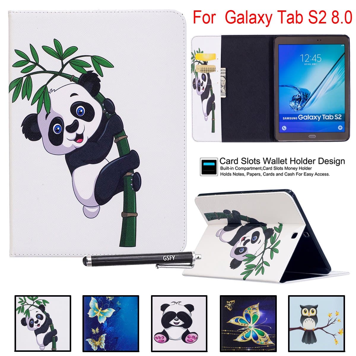 Galaxy Tab S2 9.7 Case, Newshine PU Leather Folio Protective Tablet Case with Card Slots [Multi-Stand View Angles] for Samsung Galaxy Tab S2 9.7 inch SM-T815/T810, Bamboo Panda