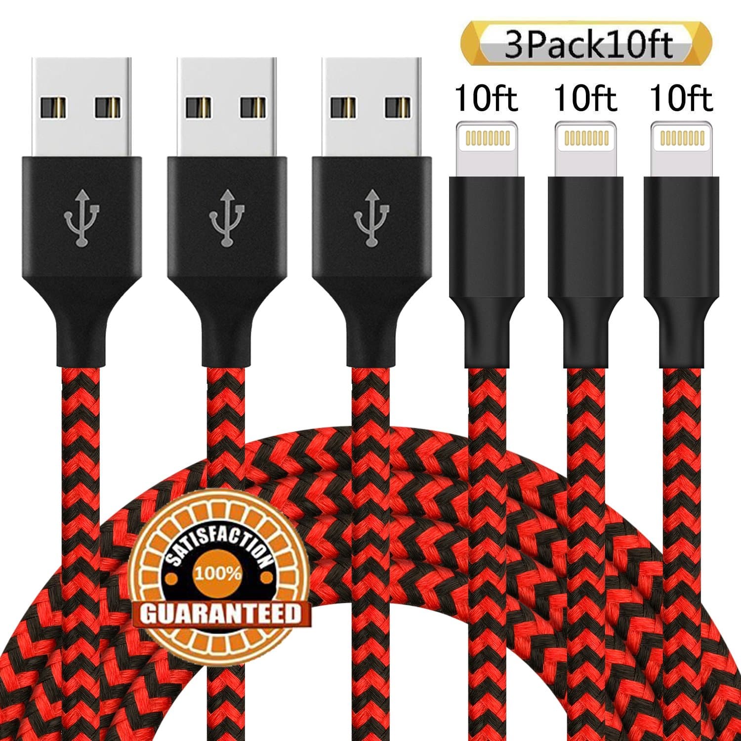 Suanna iPhone Charger, 3Pack 10FT Nylon Braided USB iPhone Cable Cord Compatible with iPhone X 8 7 Plus 6S 6 SE 5S 5C 5, iPad 2 3 4 Mini Air (Black Red)
